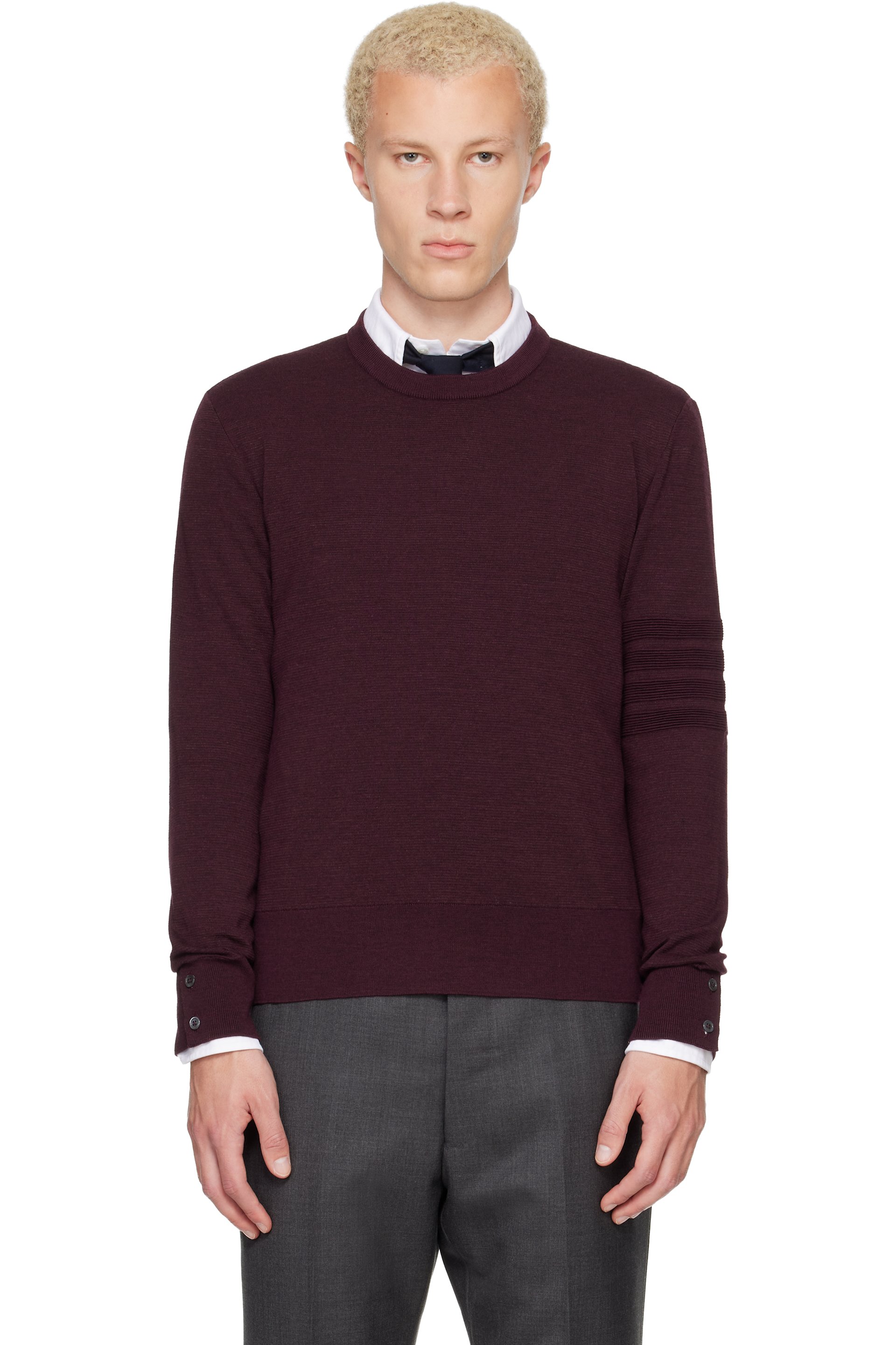 Thom Browne - Burgundy Ottoman Milano Stitch 4-Bar Bomber Sweater