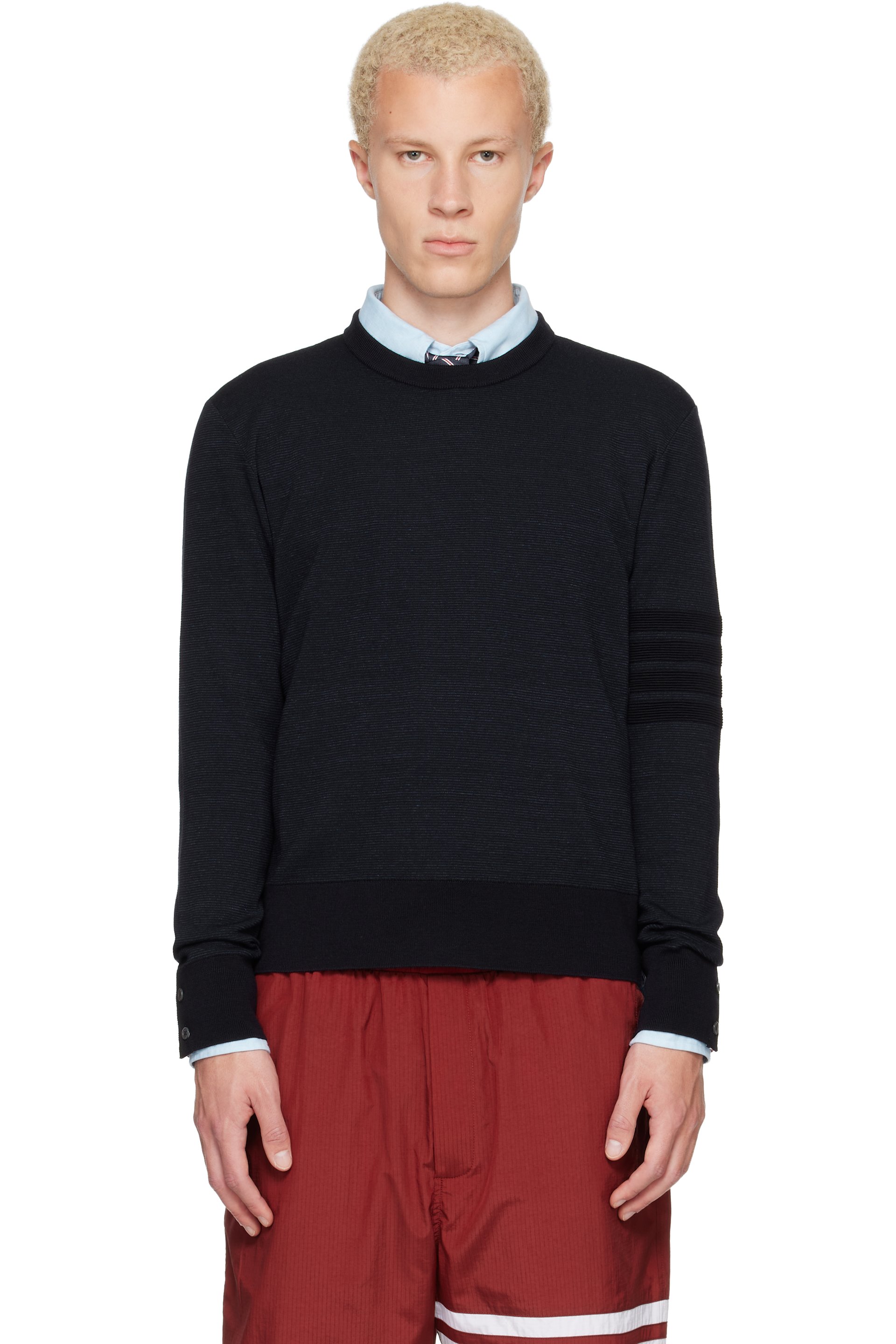 Thom Browne - Navy Ottoman Milano Stitch 4-Bar Bomber Sweater