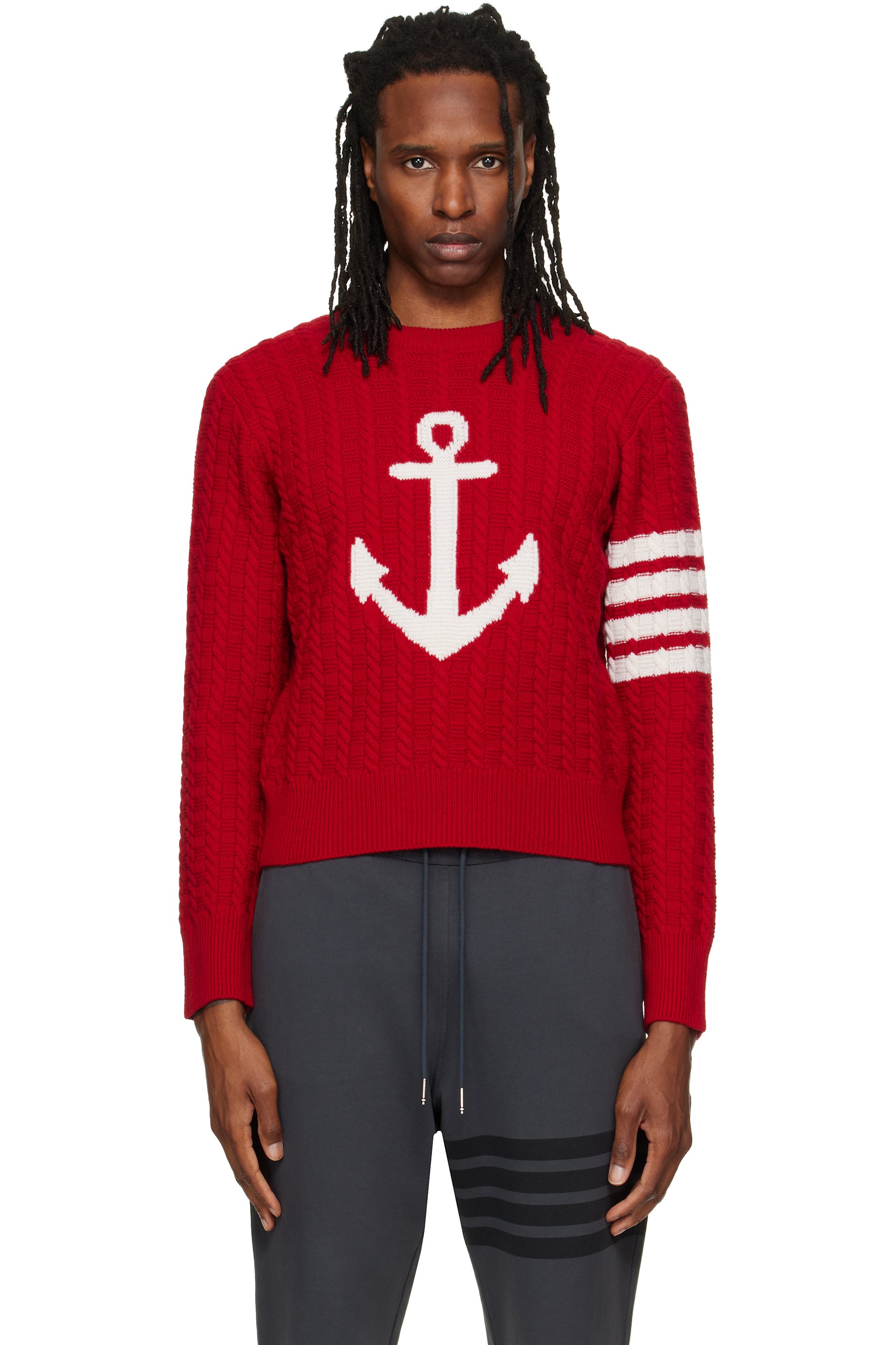 Thom Browne - Red Merino Wool 4-Bar Intarsia Anchor Sweater