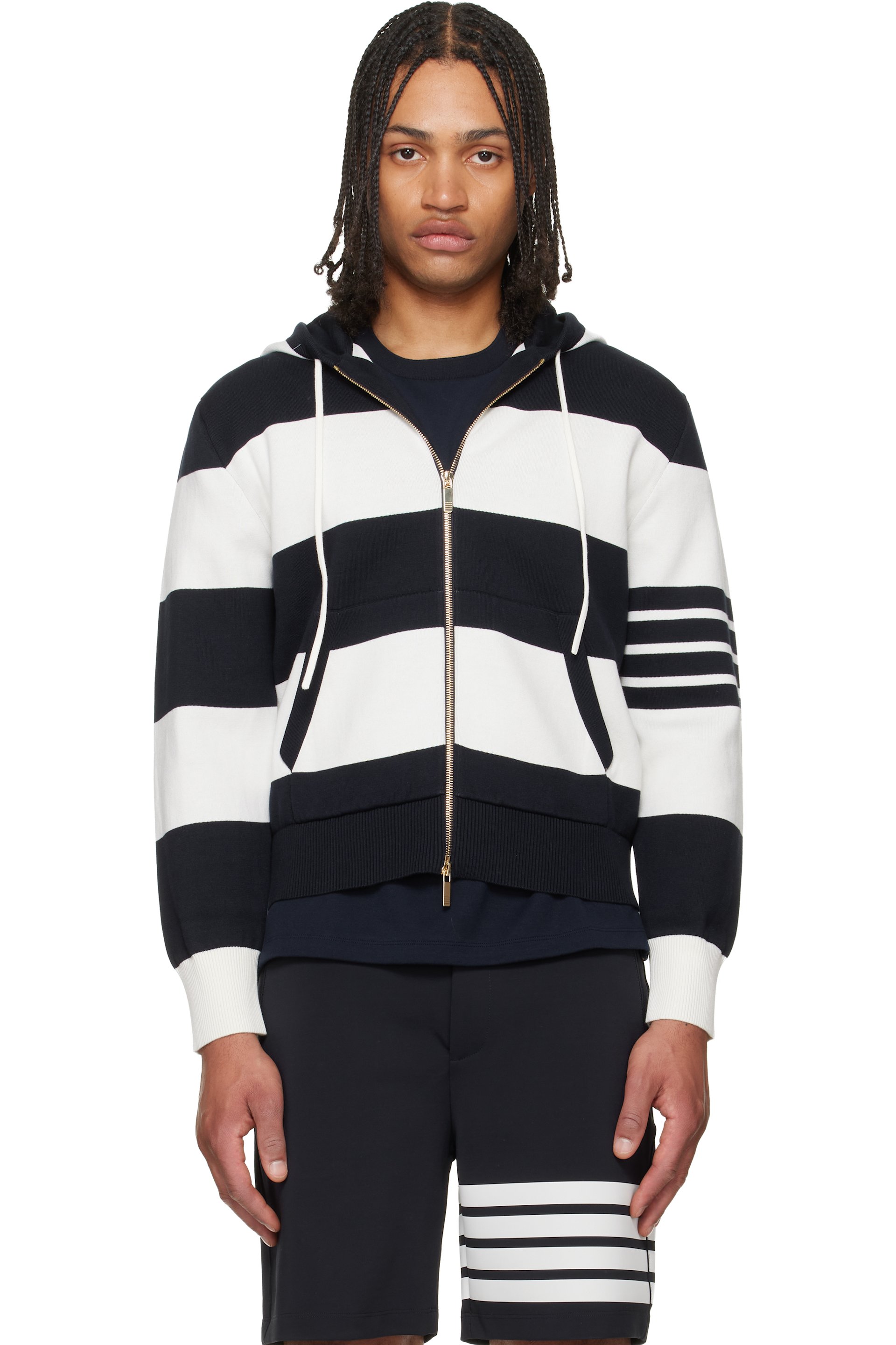 Thom Browne - Navy & White Hector 4-Bar Rugby Hoodie