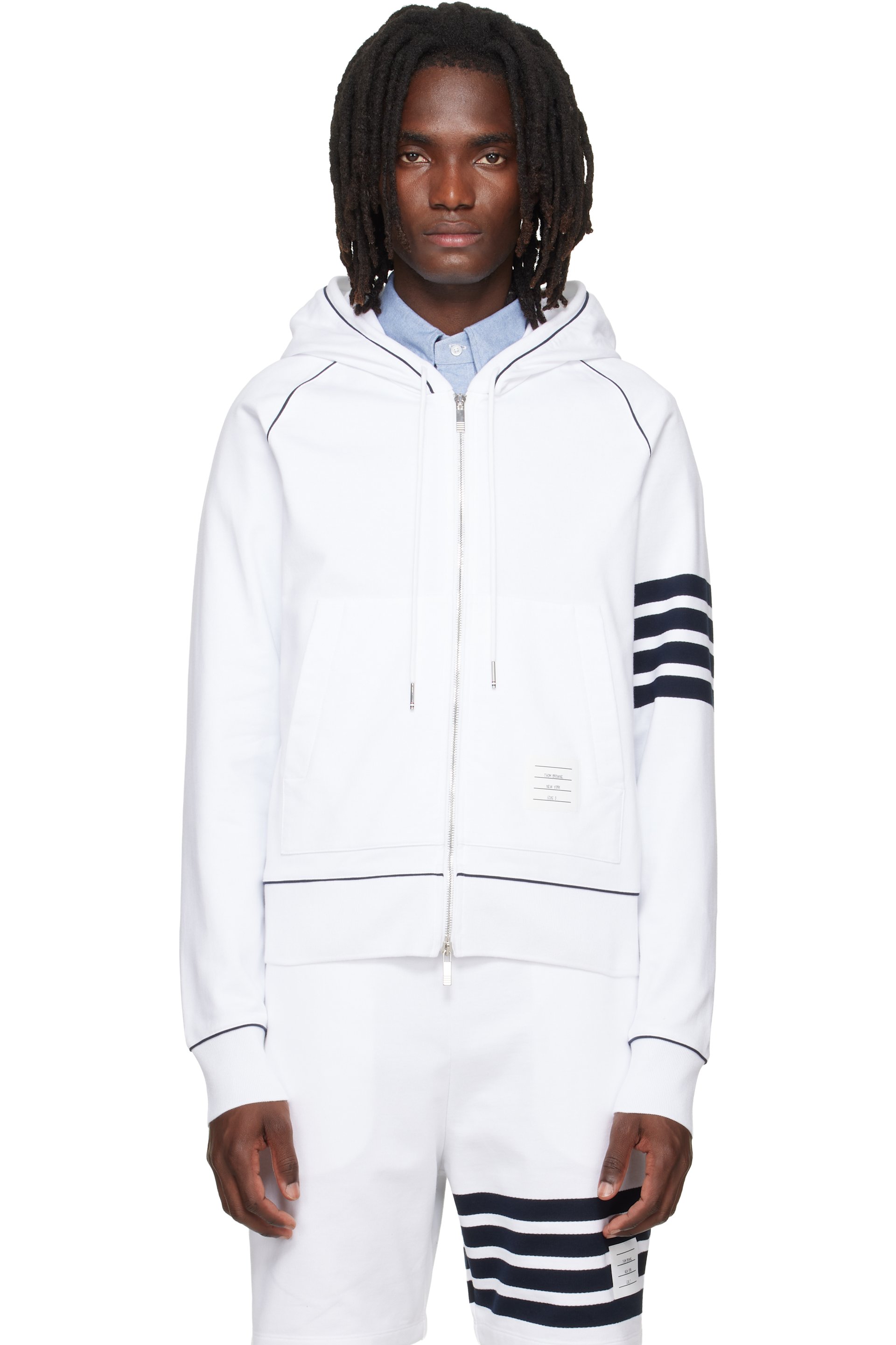 Thom Browne - White Loopback 4-Bar Zip Up Hoodie
