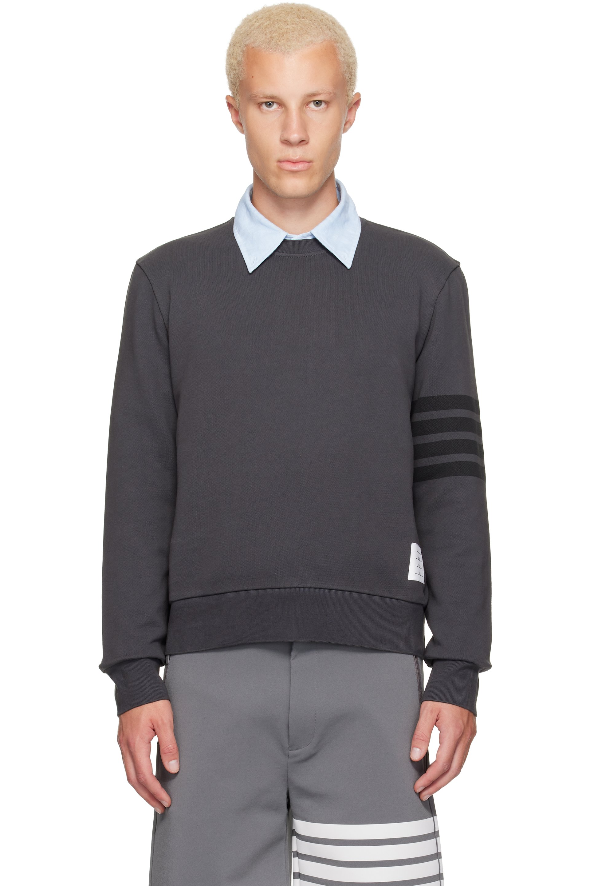 Thom Browne - Gray Long Sleeve Tonal Printed 4 Bar Crewneck