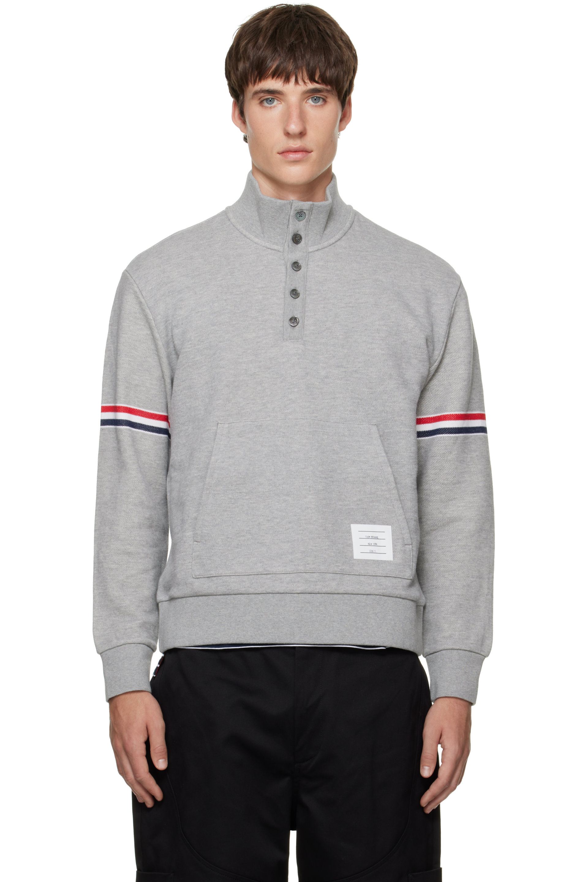 Thom Browne - Gray Funnel Neck RWB Pique Loopback Sweatshirt
