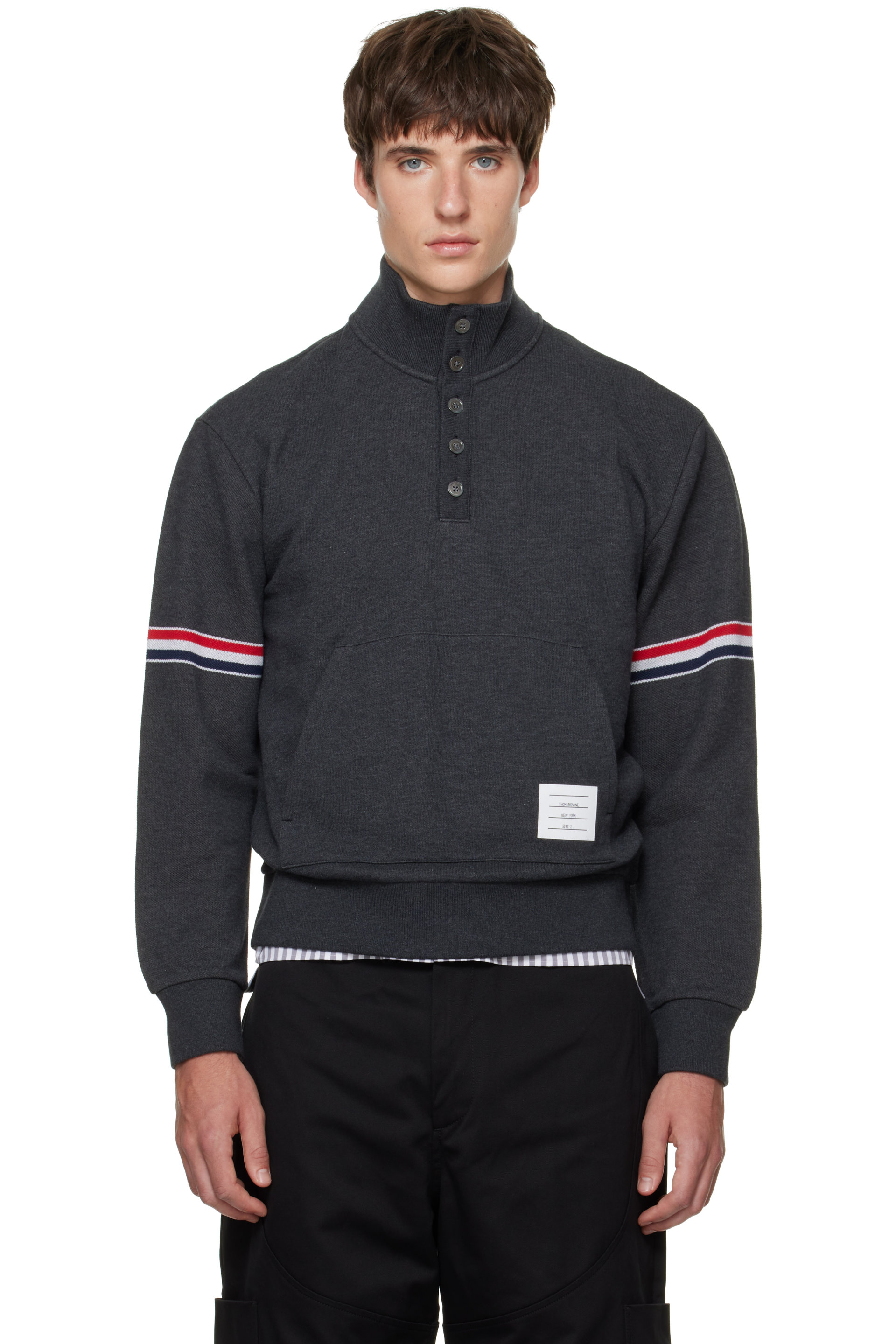 Thom Browne - Pull molletonné gris en jersey bouclette à col cheminée et à rayures tricolores