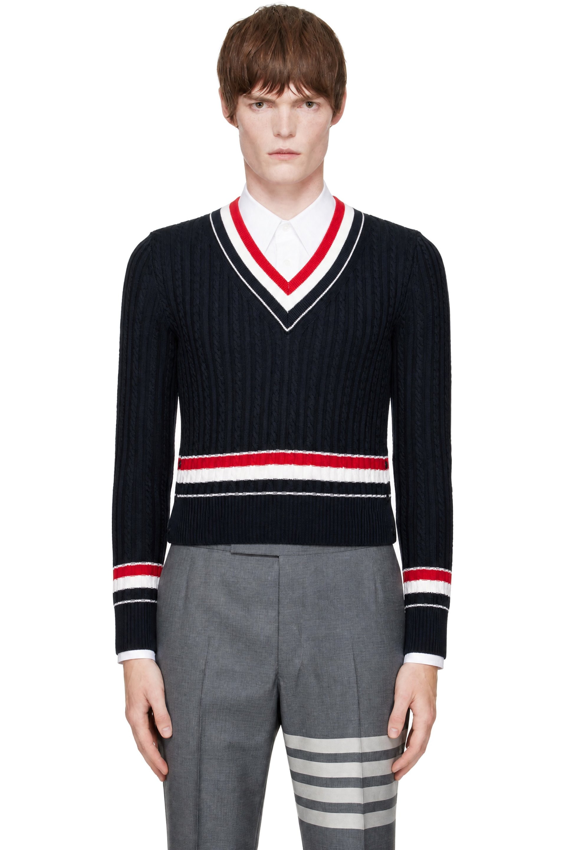 Thom Browne - Navy RWB Stripe Cricket Sweater