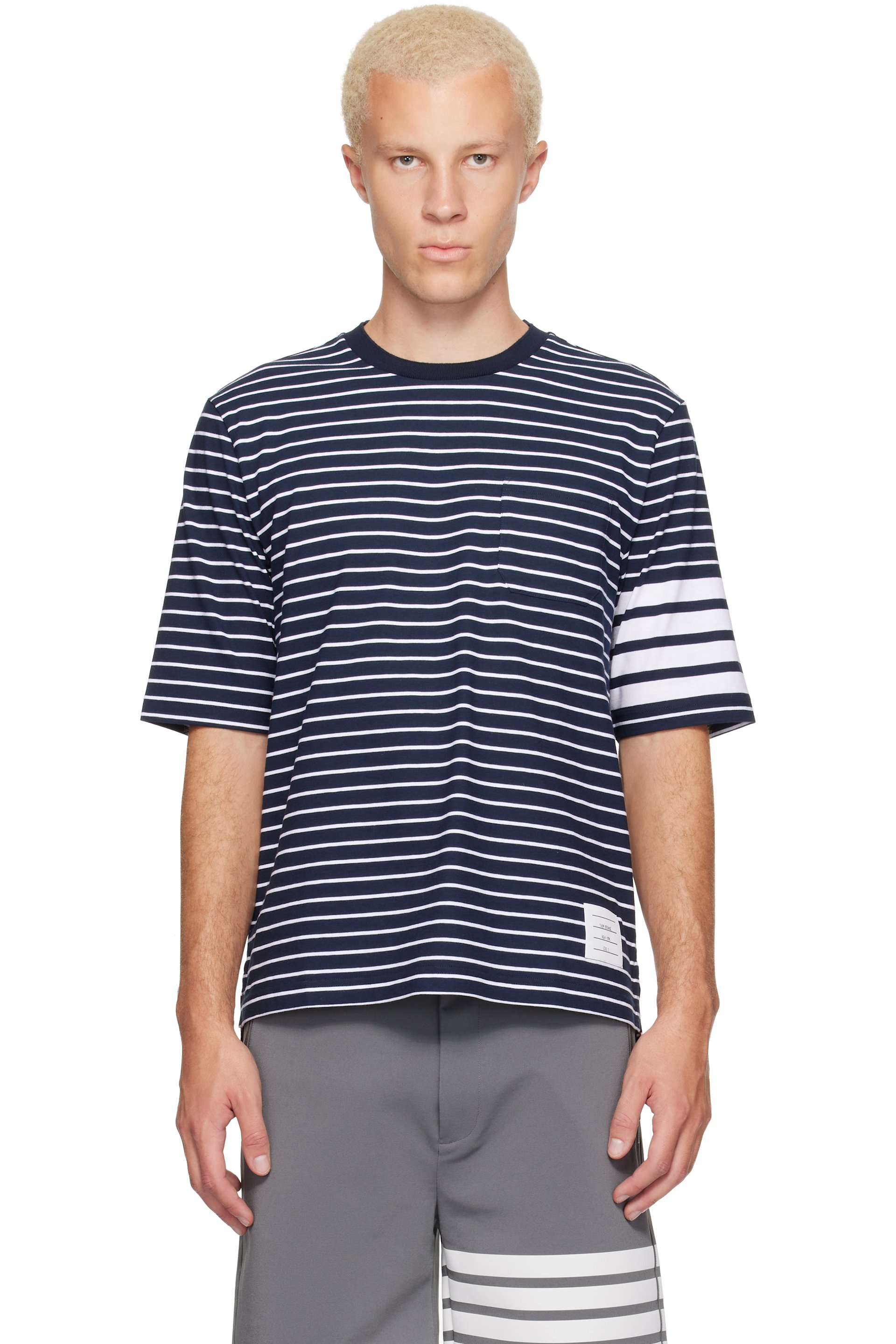 Thom Browne - Navy & White Jersey 4-Bar Knit Pocket T-shirt
