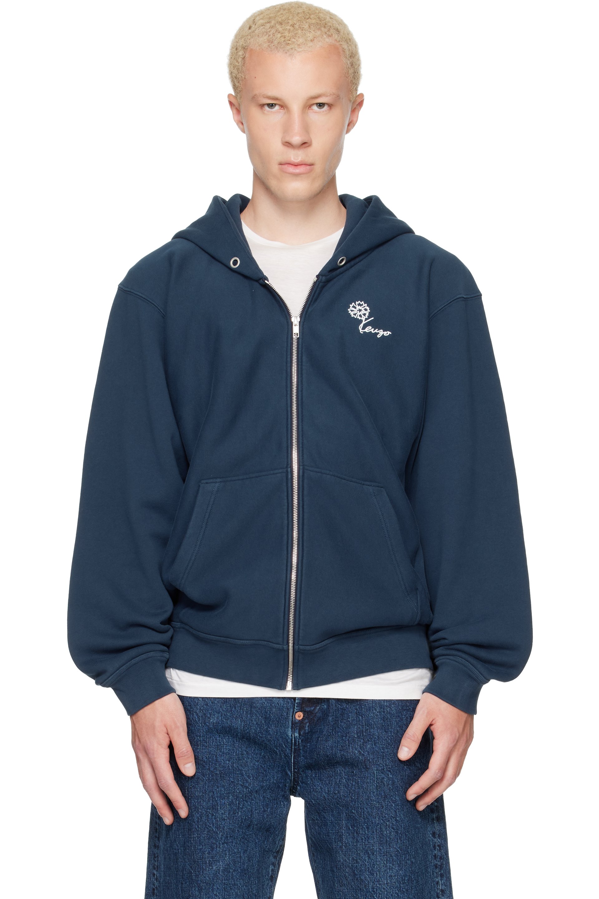 Kenzo - Navy Kenzo Paris 'KENZO Tulip' Embroidered Zip Up Hoodie