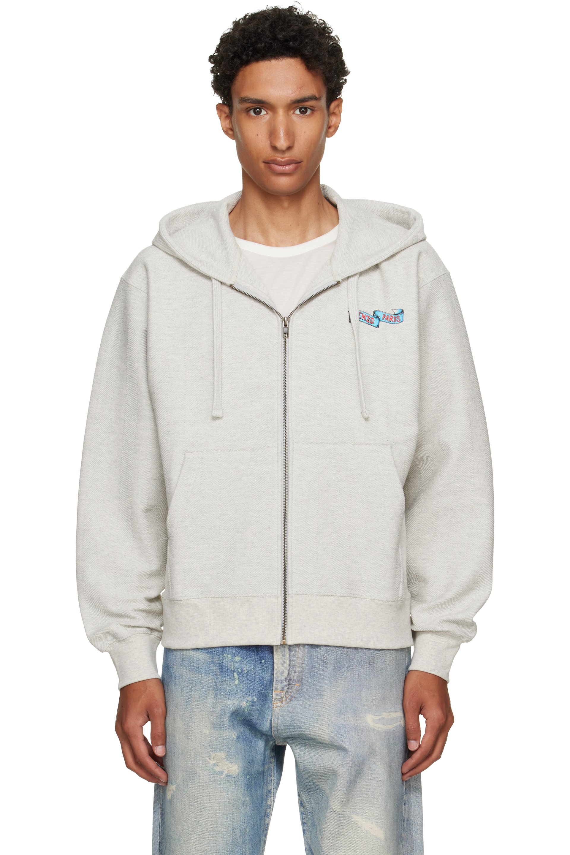 Kenzo - Pull à capuche gris à imprimé Jumping Tiger et à glissière