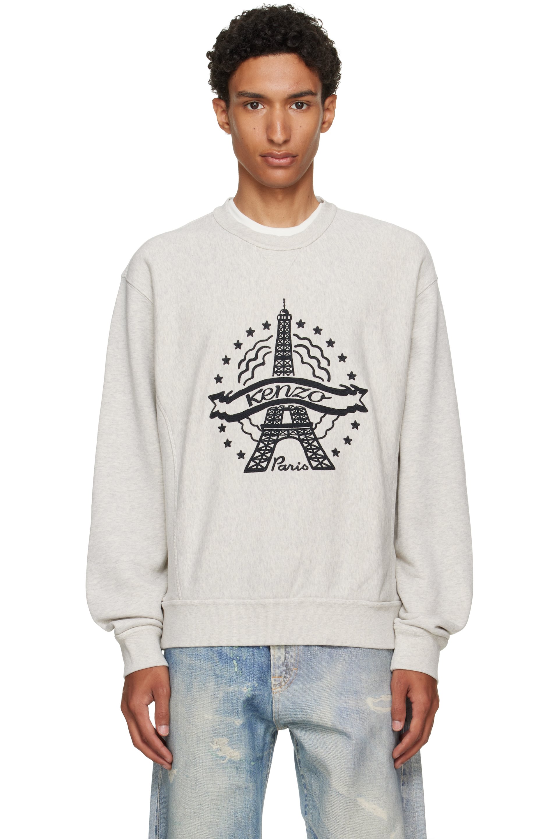 Kenzo - Pull molletonné gris en coton à image de tour Eiffel