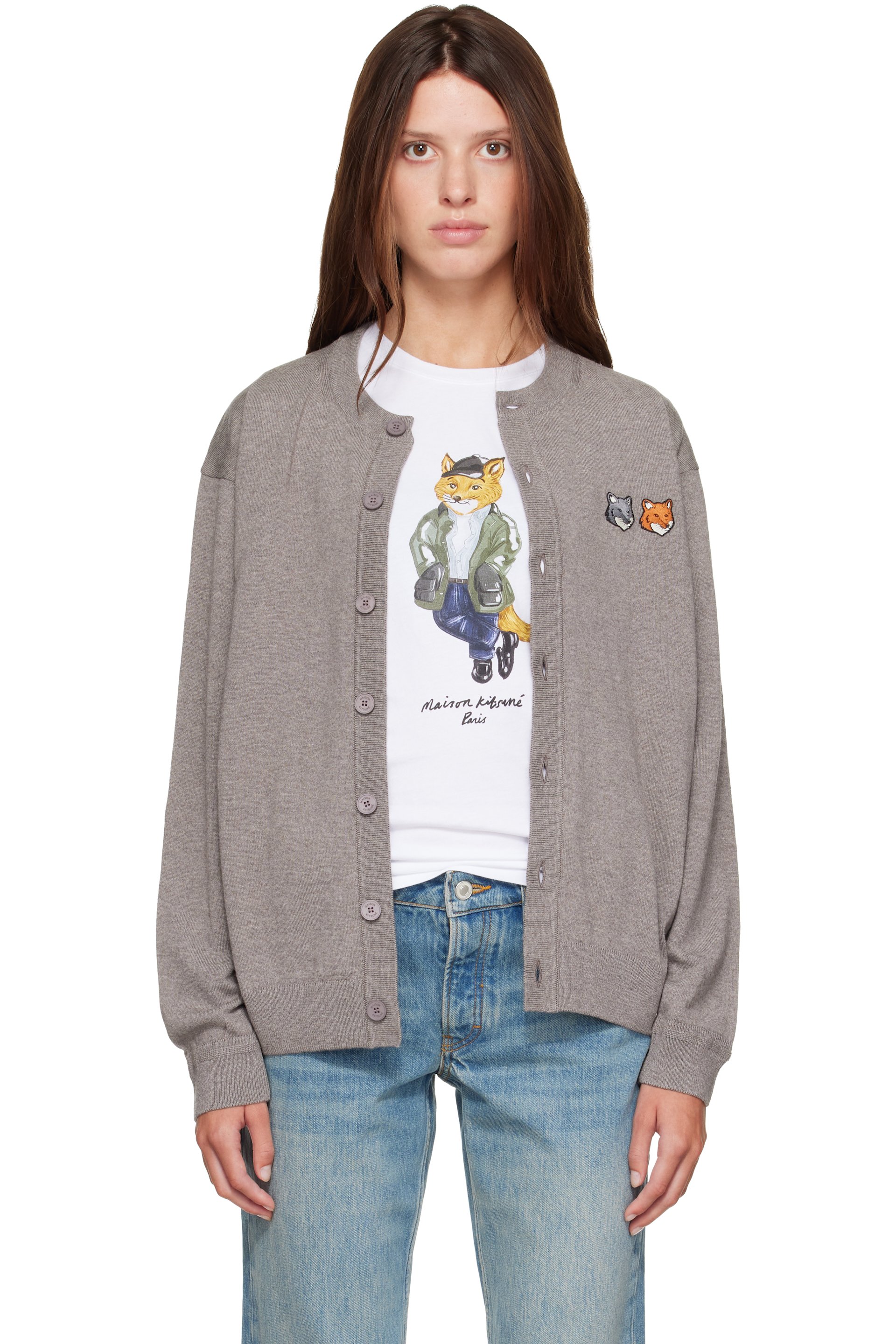 Maison Kitsuné - Taupe Double Fox Head Comfort Cardigan