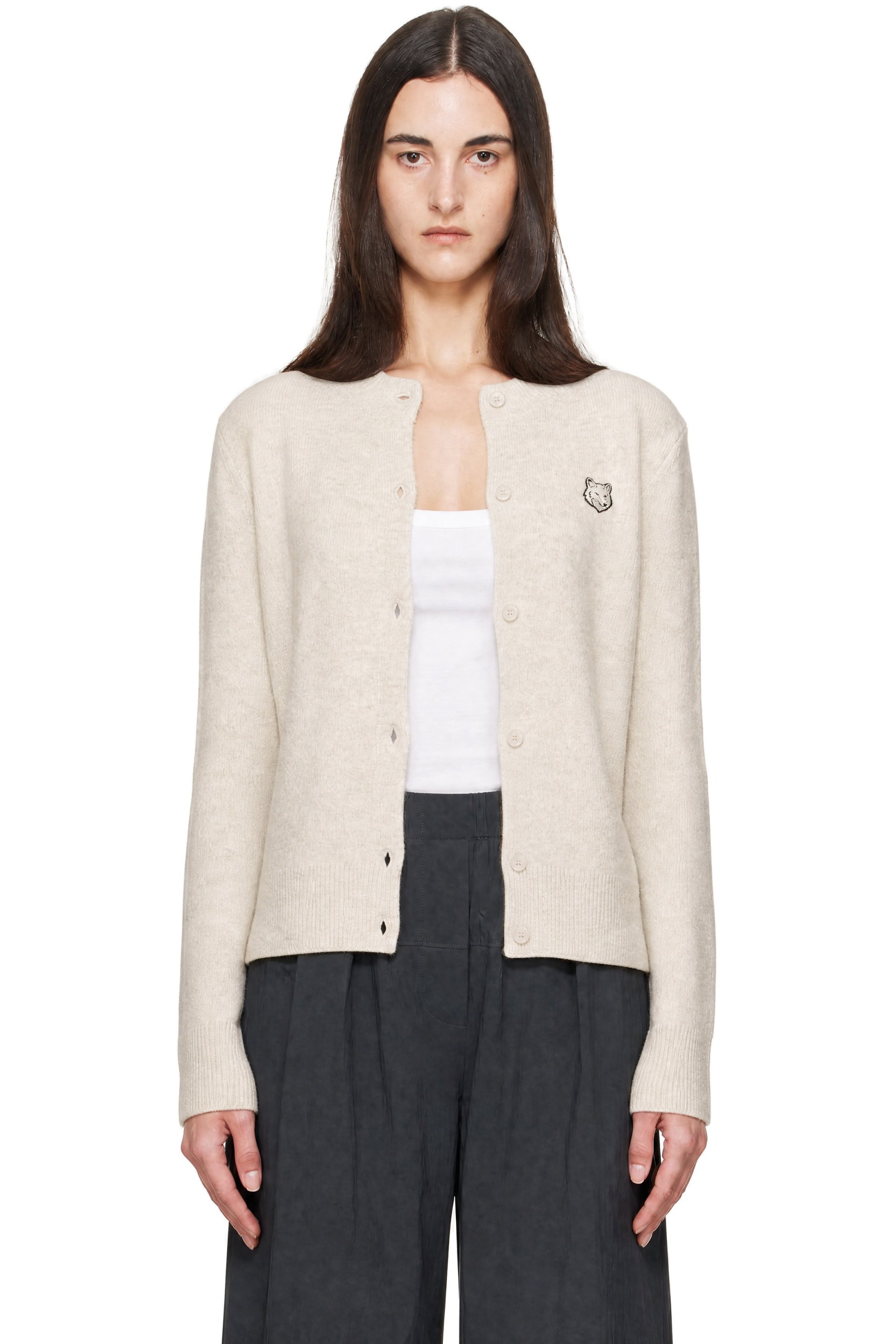 Maison Kitsuné - Beige Fox Head Lambswool High Neck Cardigan