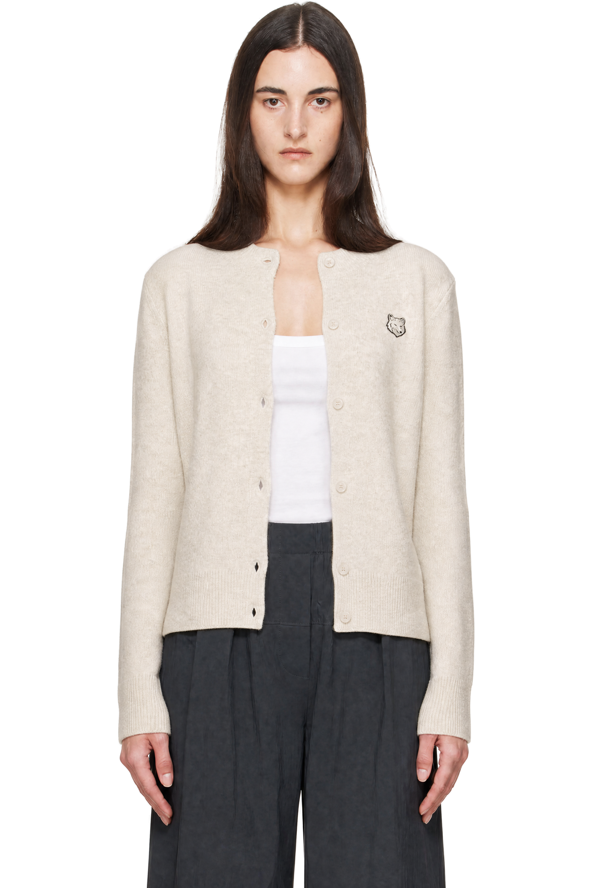 Maison Kitsuné - Beige Fox Head Lambswool High Neck Cardigan