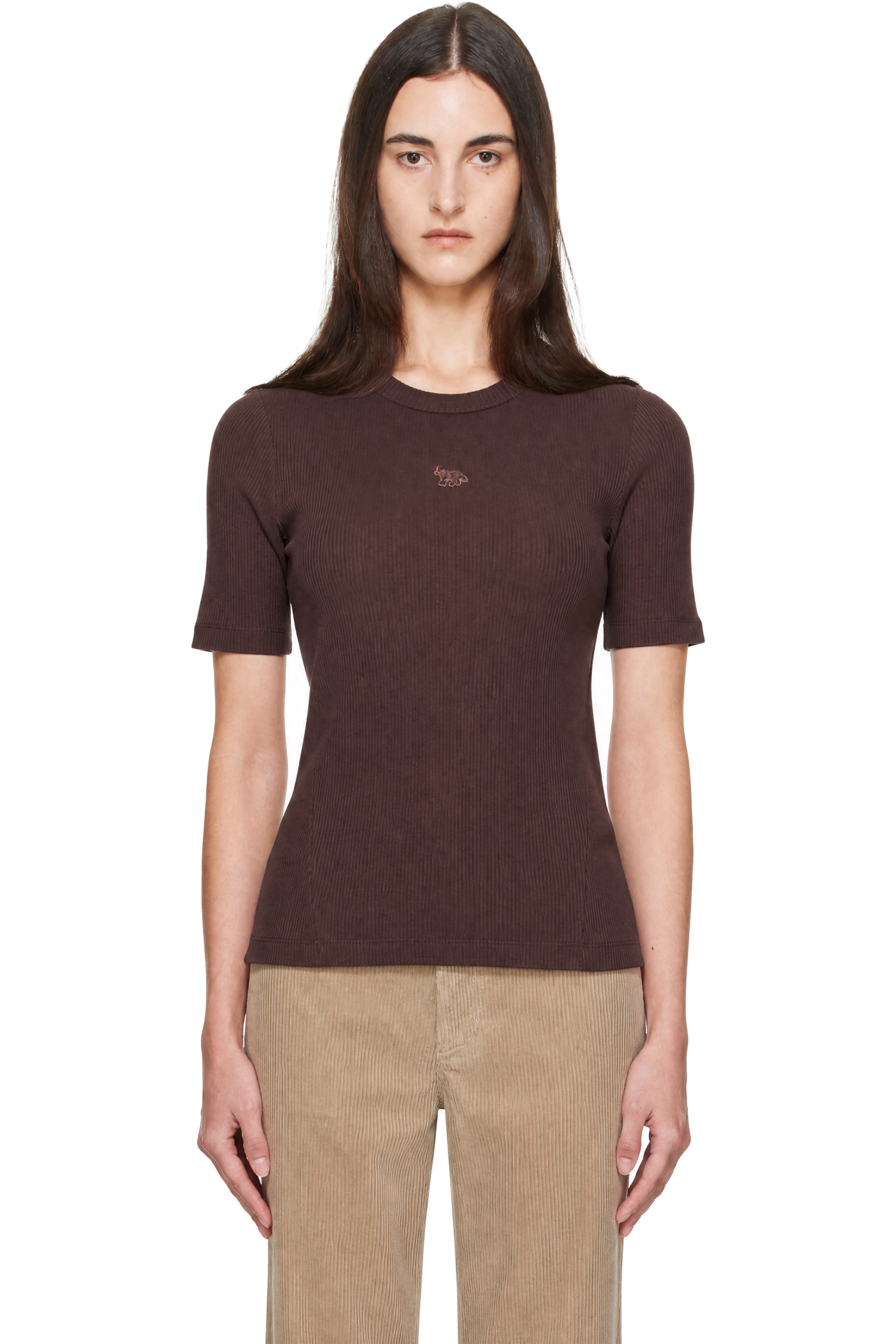 Maison Kitsuné - Brown Ribbed Baby Fox Fitted T-shirt