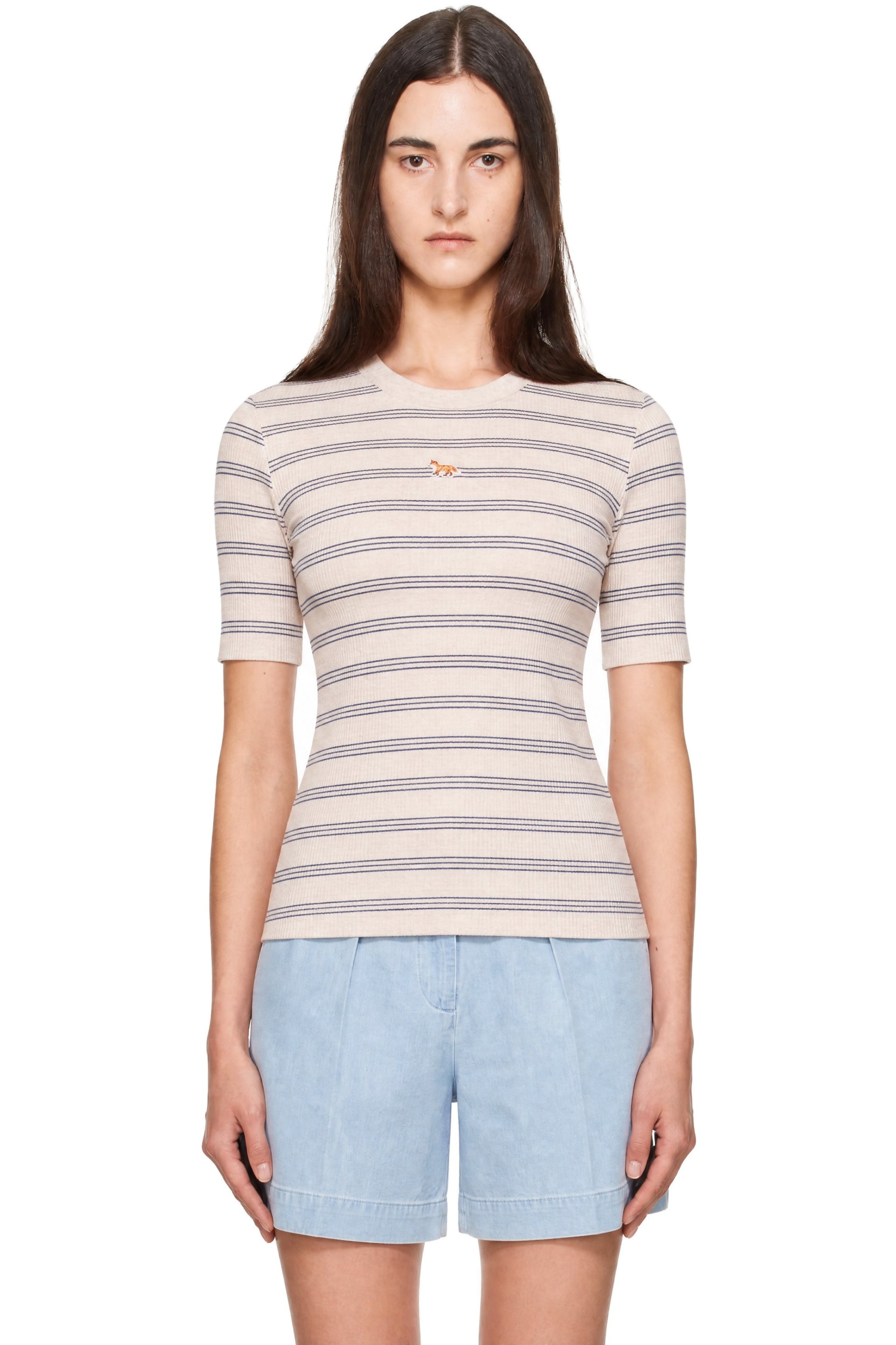 Maison Kitsuné - Beige Baby Fox Striped Fitted T-shirt