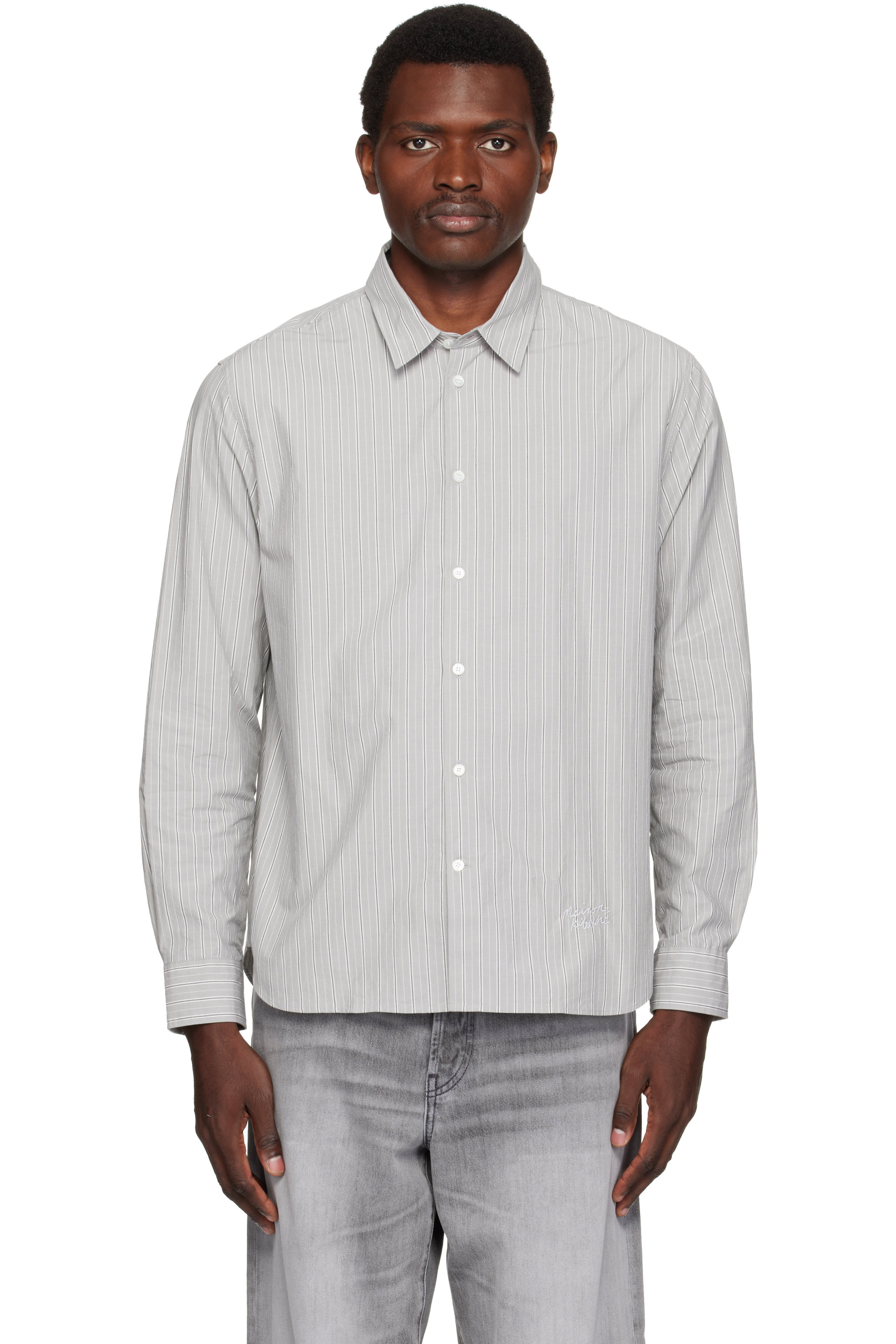 Maison Kitsuné - Gray Handwriting Striped Casual Shirt
