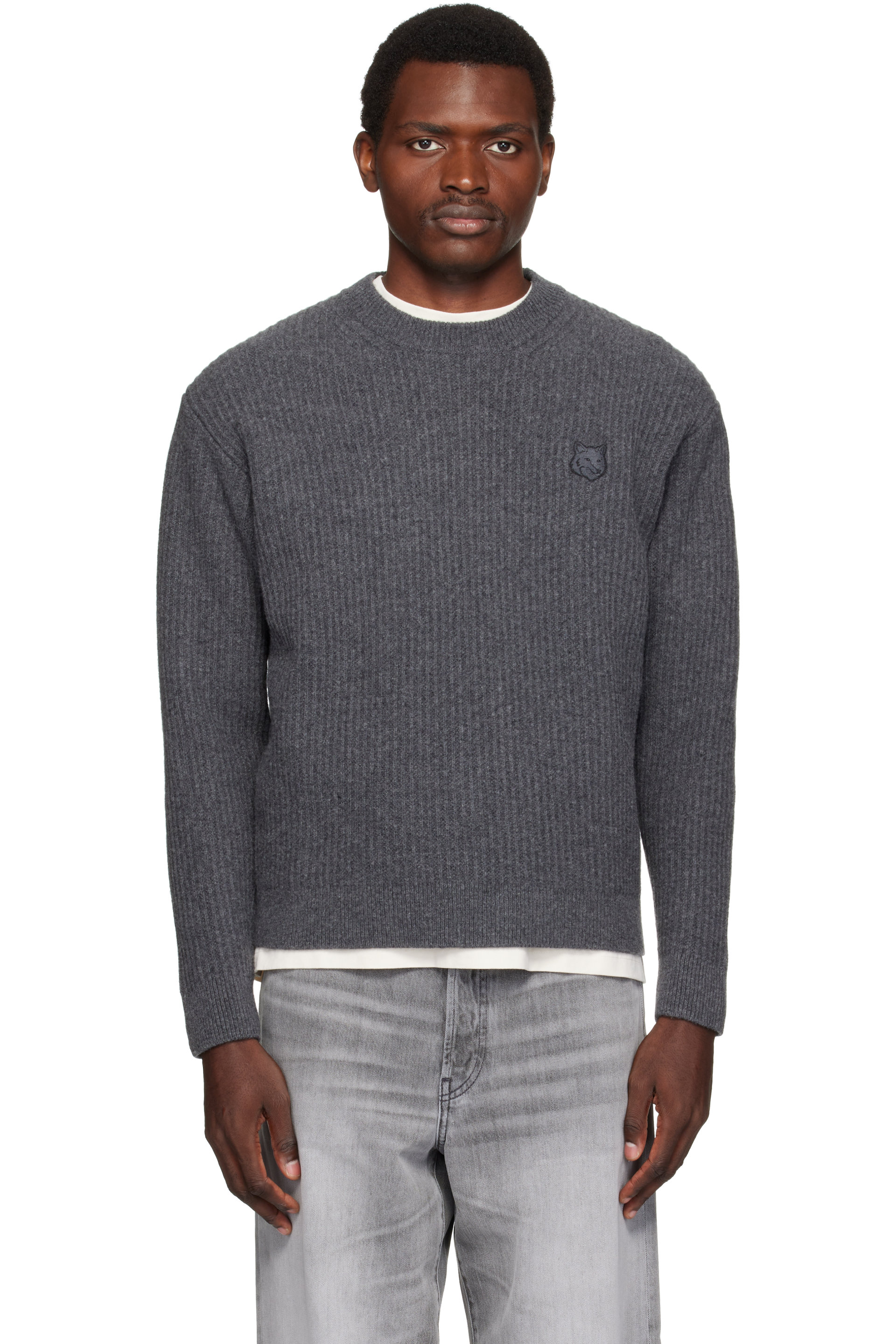 Maison Kitsuné - Gray Fox Head Wool Ribbed Sweater