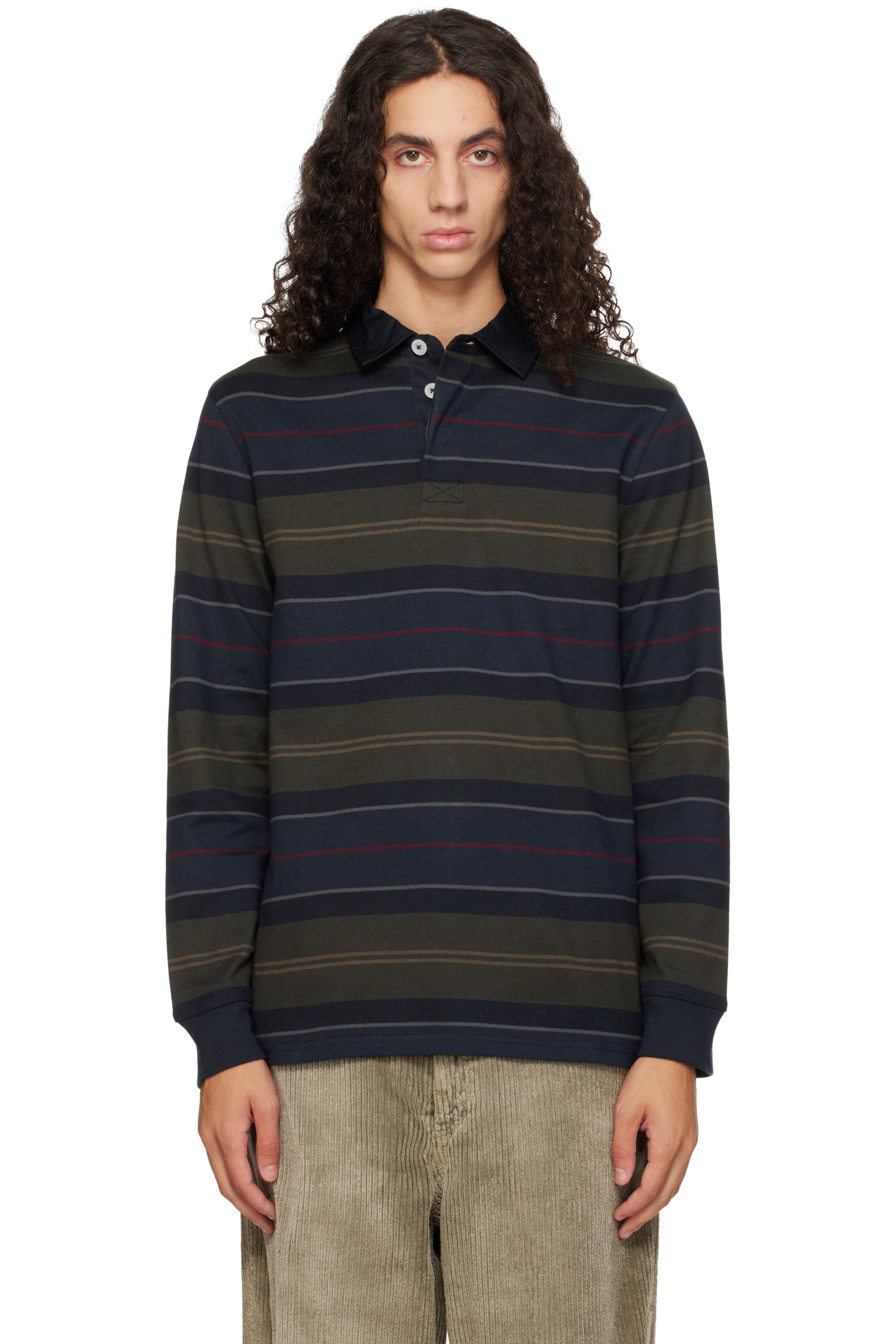 Barbour - Polo de rugby Frith bleu marine et kaki à rayures
