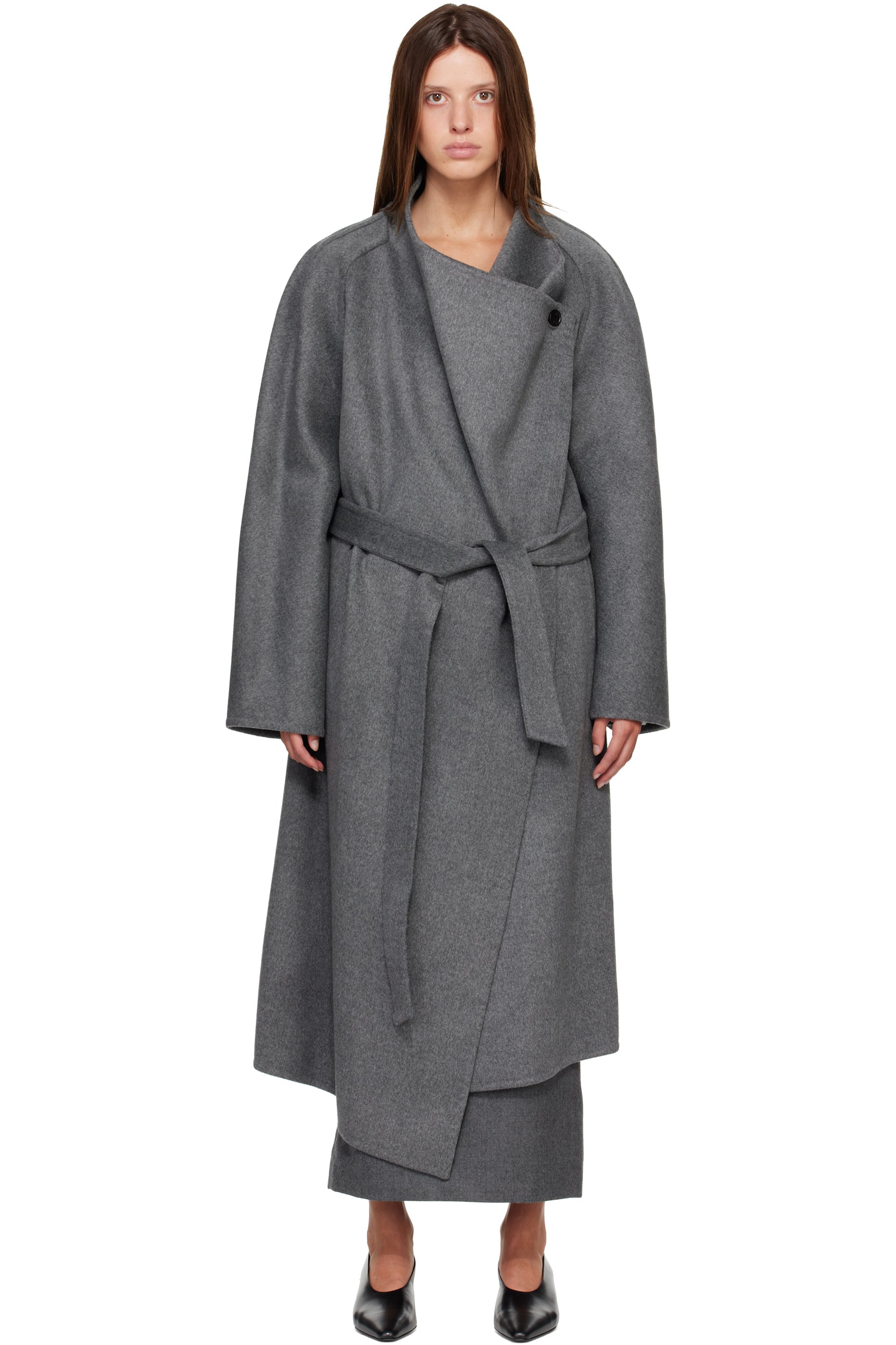 R2W - Gray Porin Draped Button Wool Cash Coat