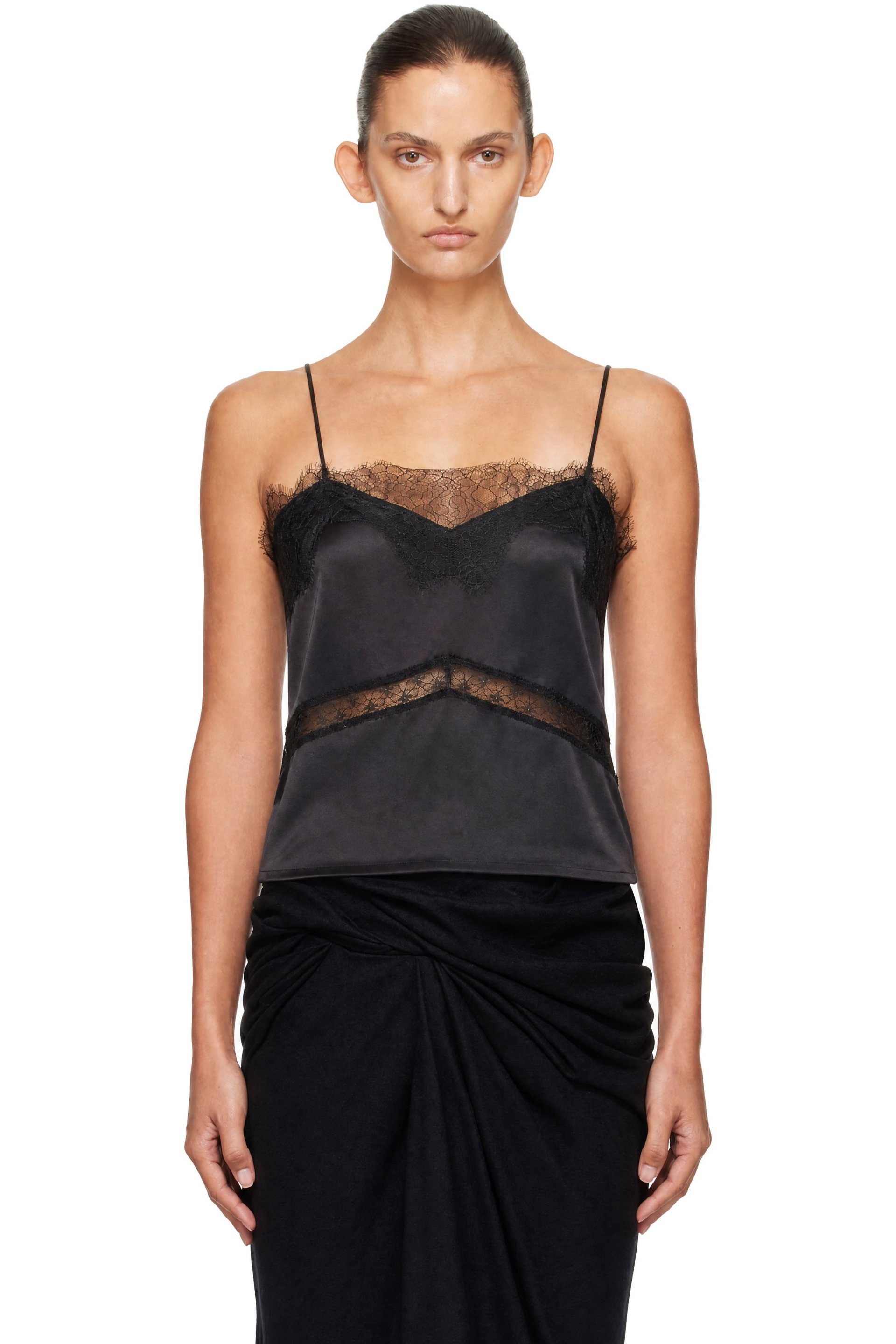 R2W - Camisole Milena noire en soie à garnitures en dentelle