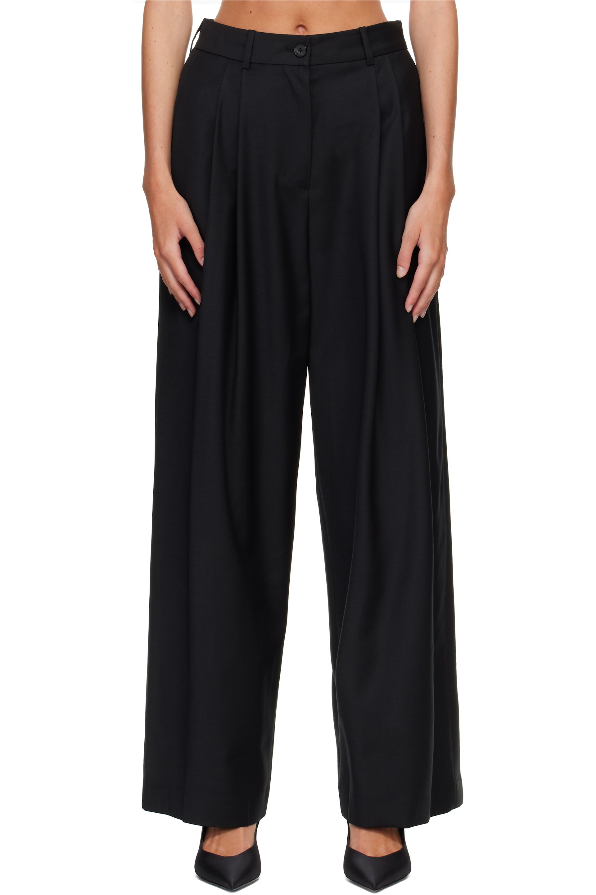 R2W - Black Orielle Wool Wide Tapered Trousers