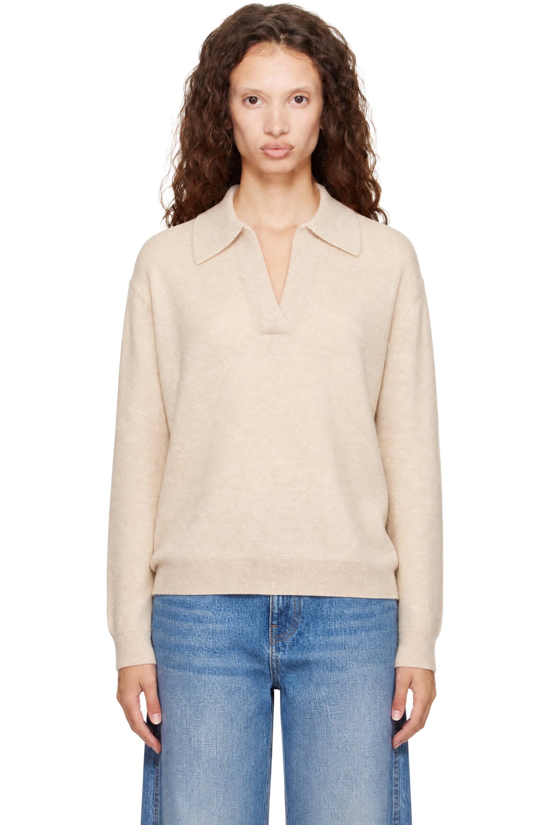 R2W - Pull Alize beige en tricot jauge 7 de cachemire à col classique