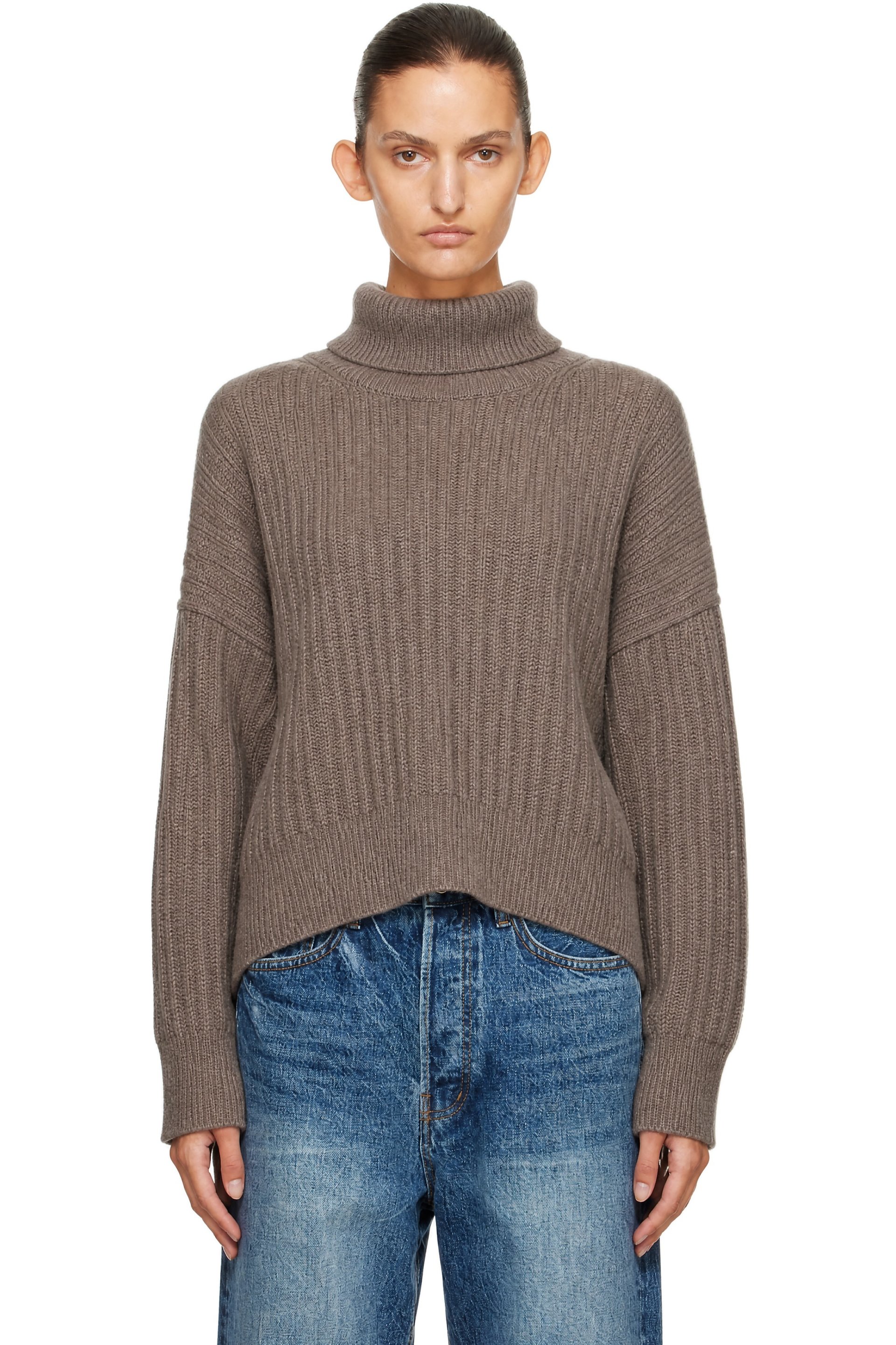 R2W - Pull Margaret taupe en tricot de laine et cachemire à col roulé