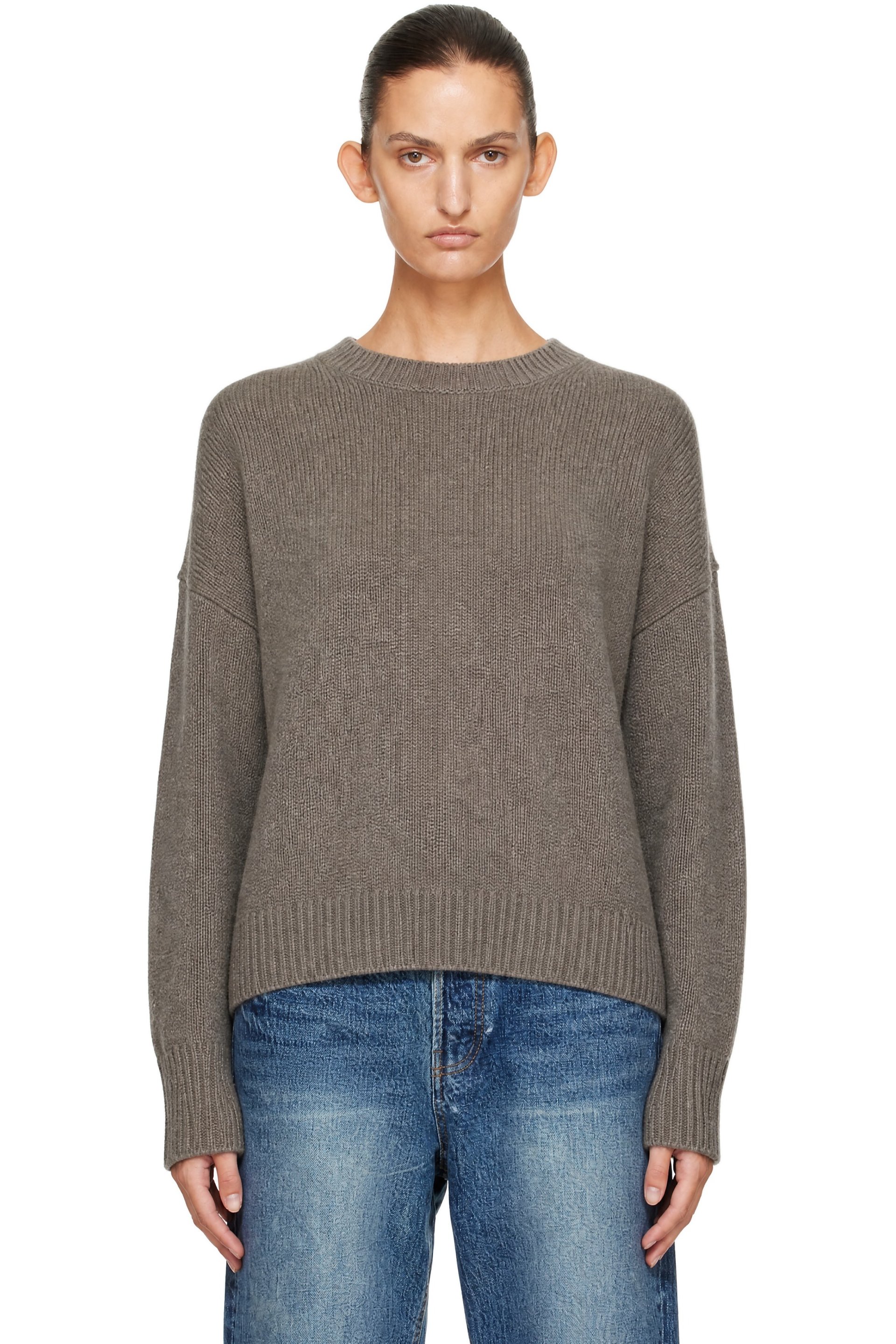 R2W - Pull taupe en tricot jauge 3 à col ras du cou