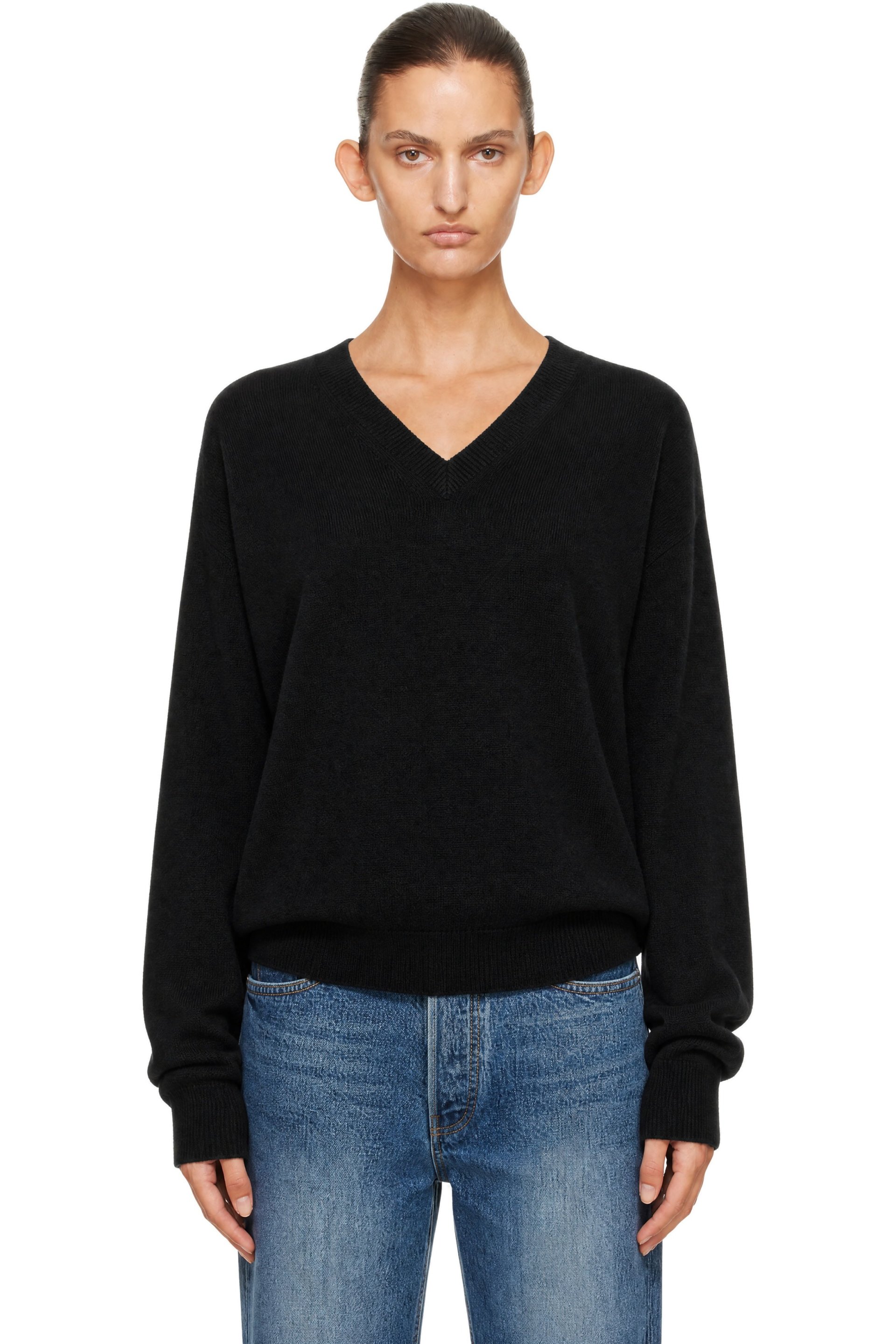 R2W - Pull décontracté Fredrik noir en tricot de cachemire à col en V