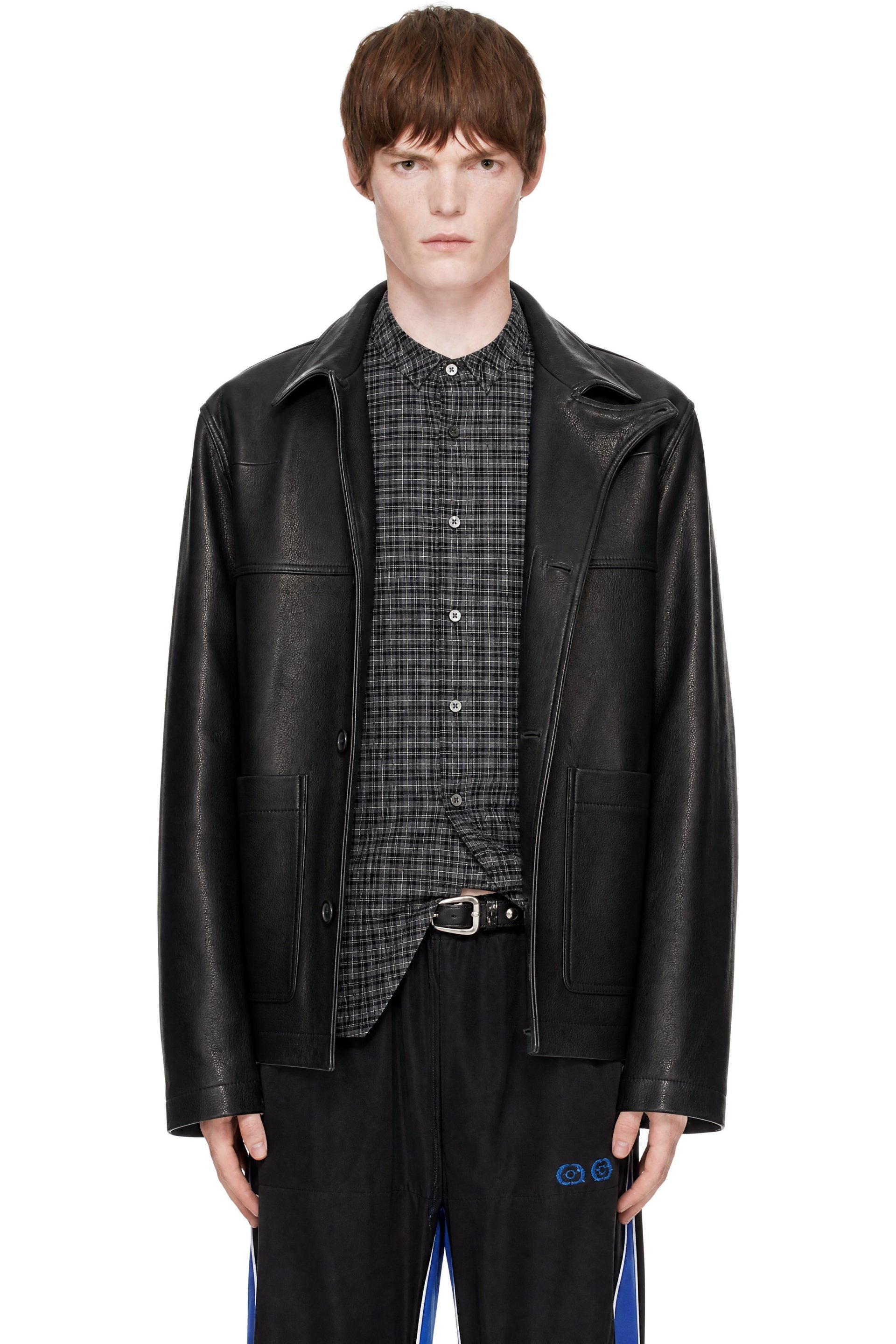 Commission - Black Curved Flap Leather Chore Coat