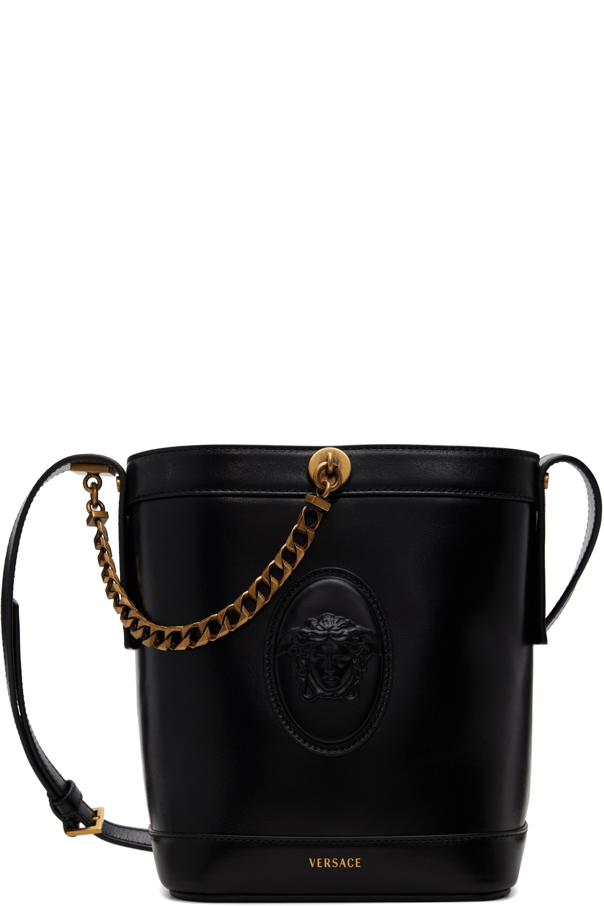 Versace - Black Pivot Mini Leather Bucket Bag