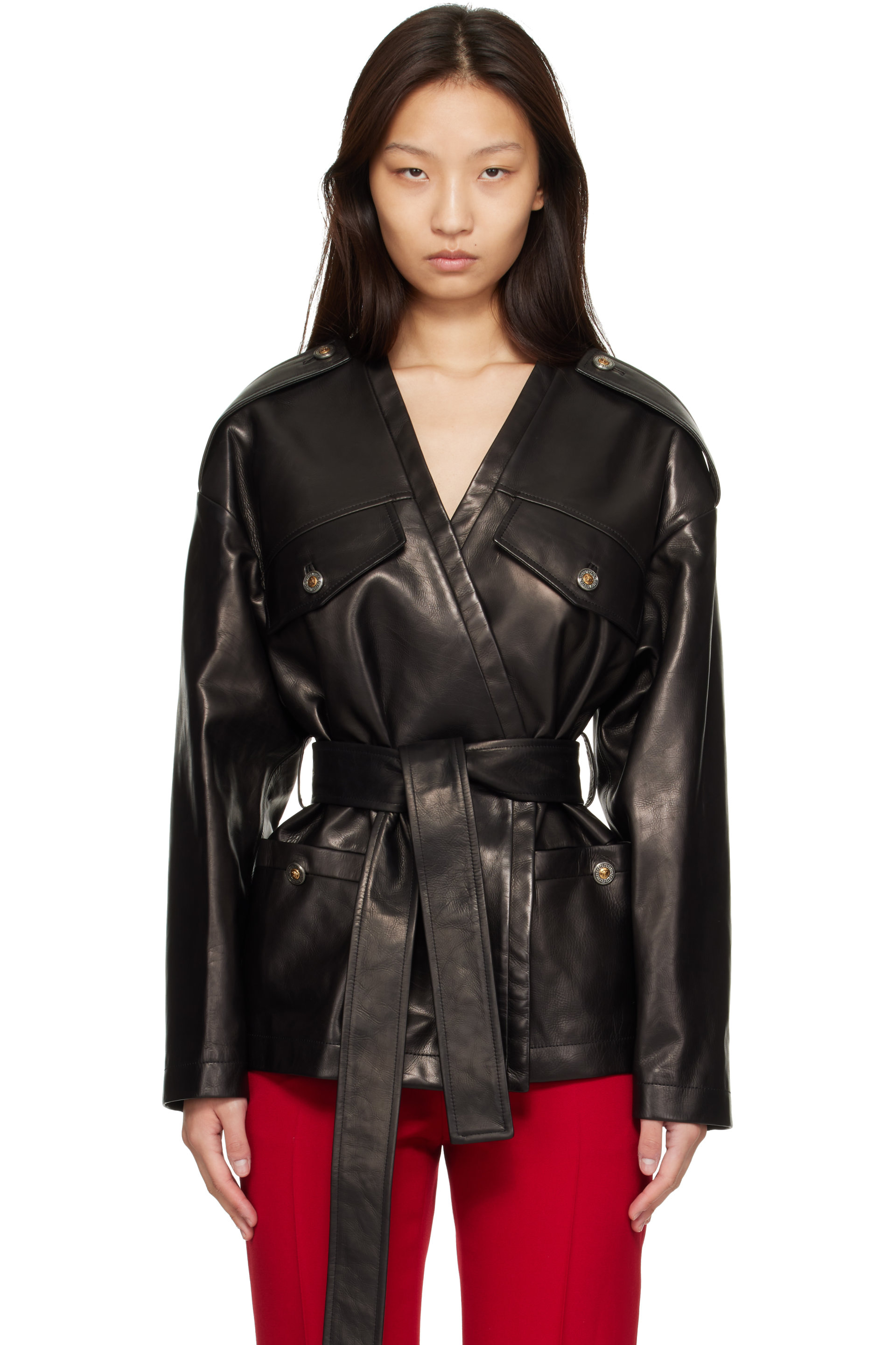 Versace - Black V-Neck Blouson Leather Jacket