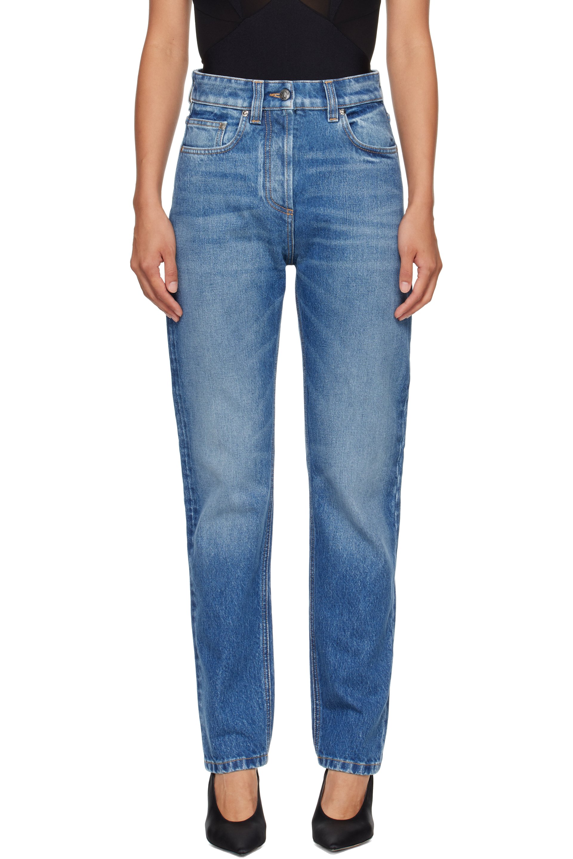 Versace - Jean droit bleu à taille haute