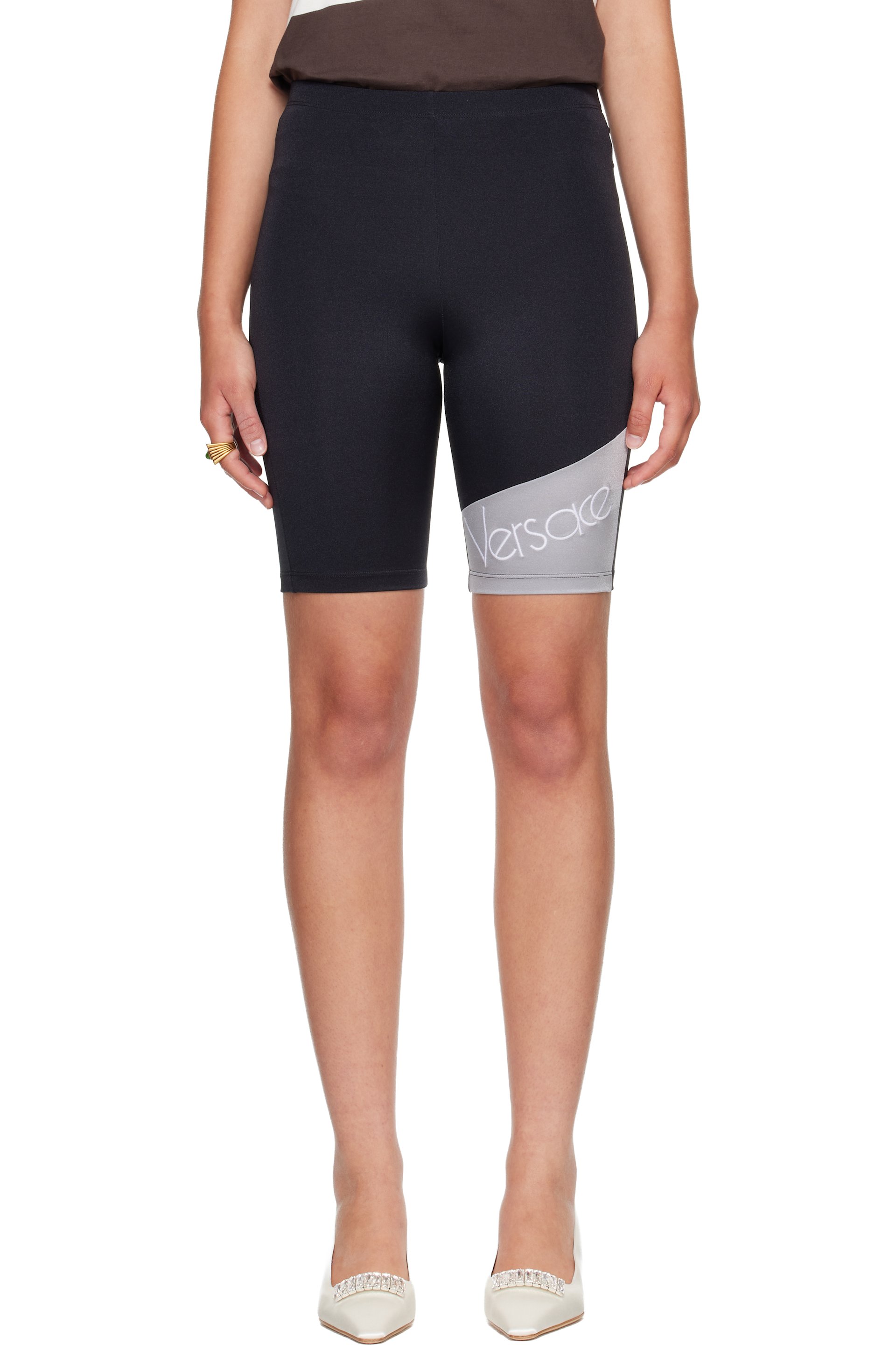 Versace - Black Embroidered-Logo Bicycle Shorts