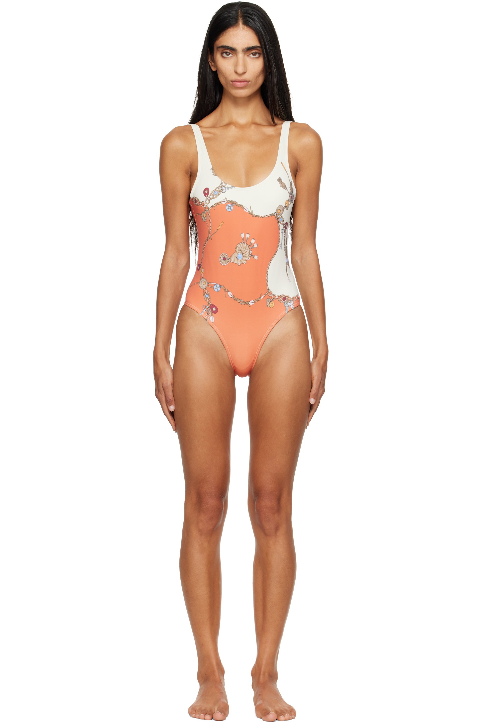 Versace - Orange & White Printed One-Piece Swimsuit