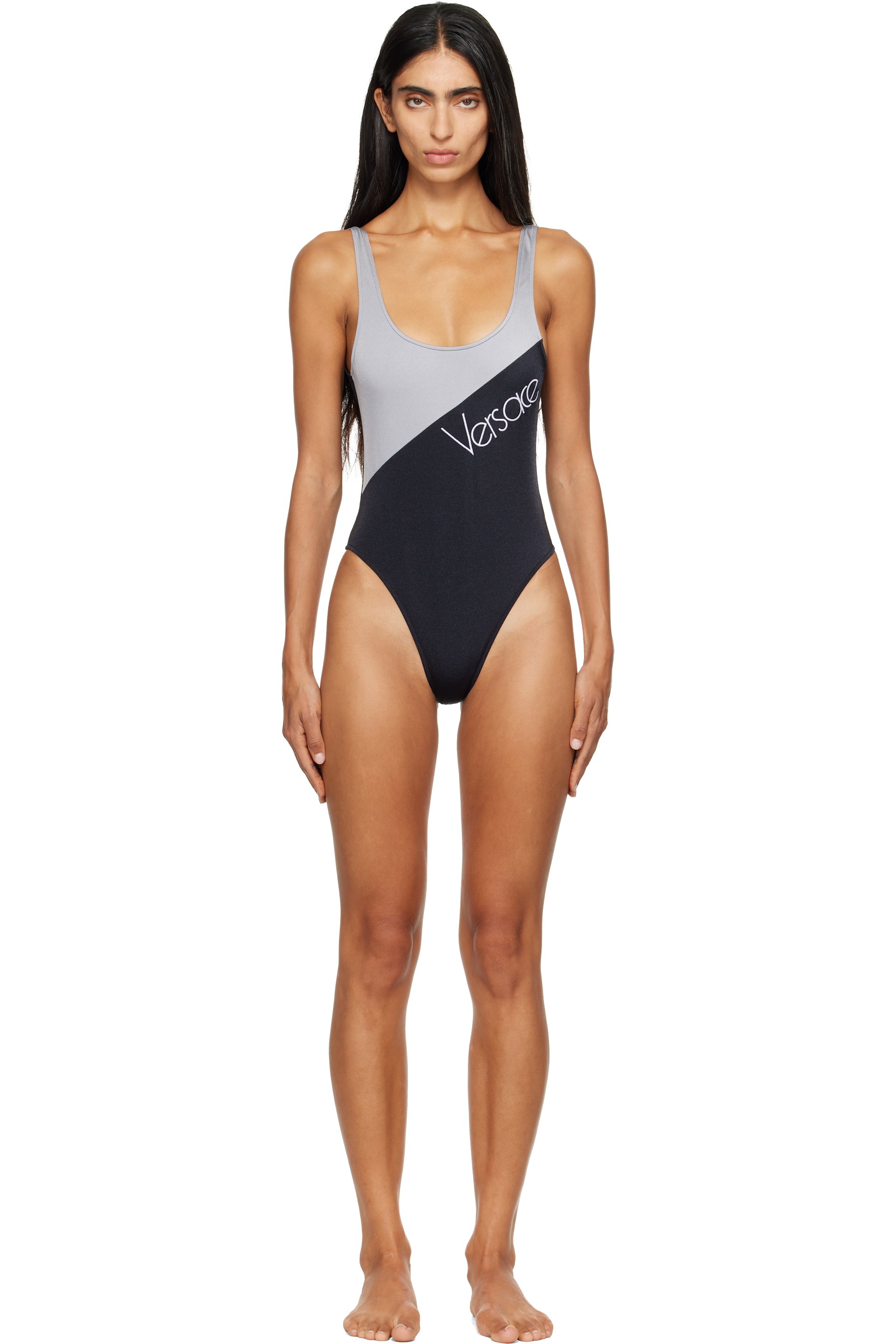 Versace - Black & Gray Embroidered-Logo One-Piece Swimsuit