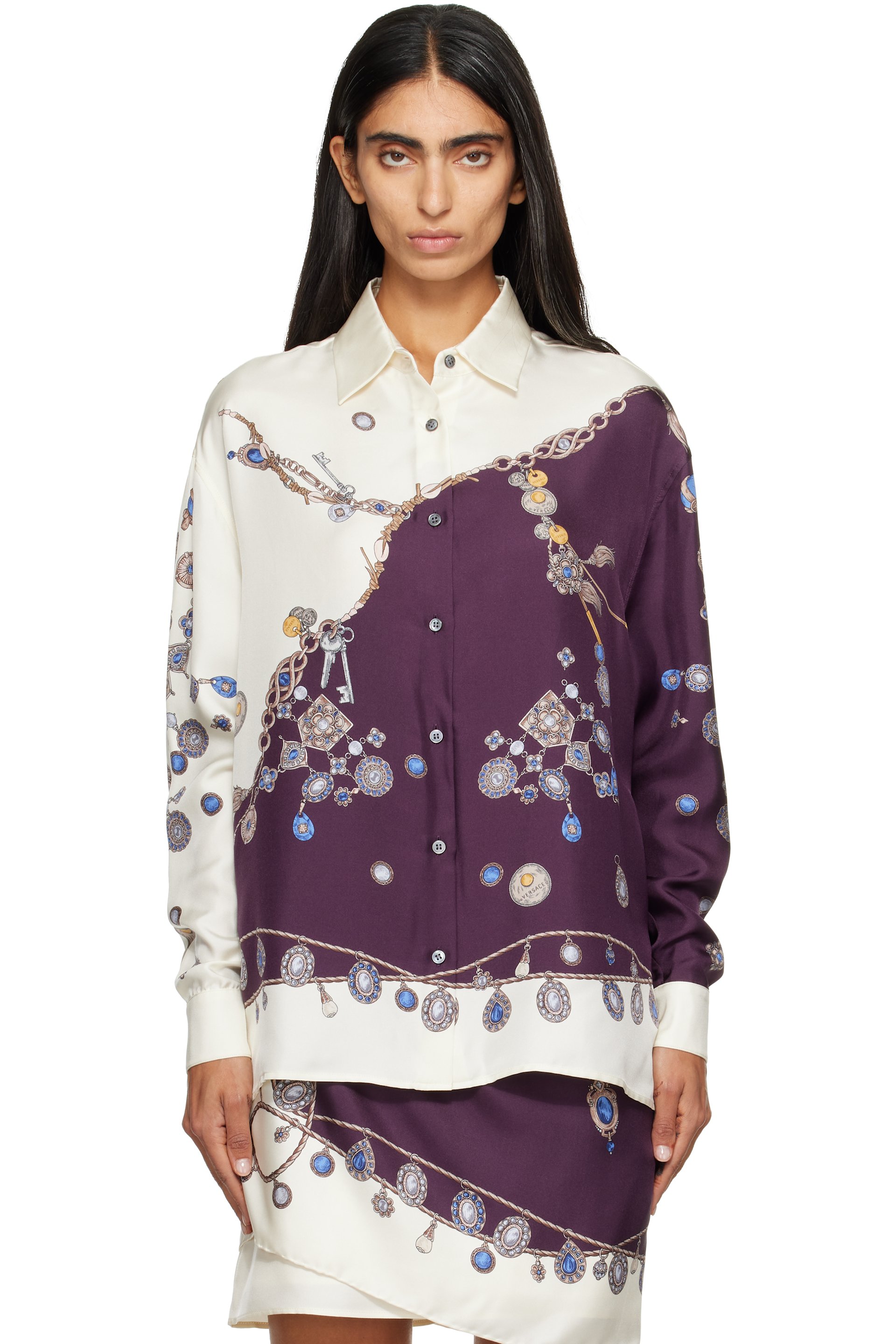 Versace - Chemise mauve et blanc en sergé de soie à motif imprimé
