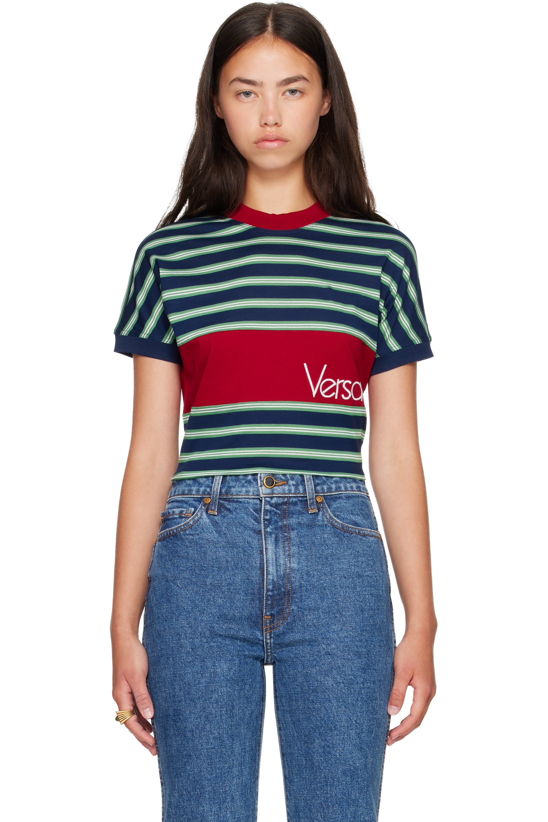 Versace - Blue & Red Embroidered-Logo Striped-Intarsia Cotton T-shirt