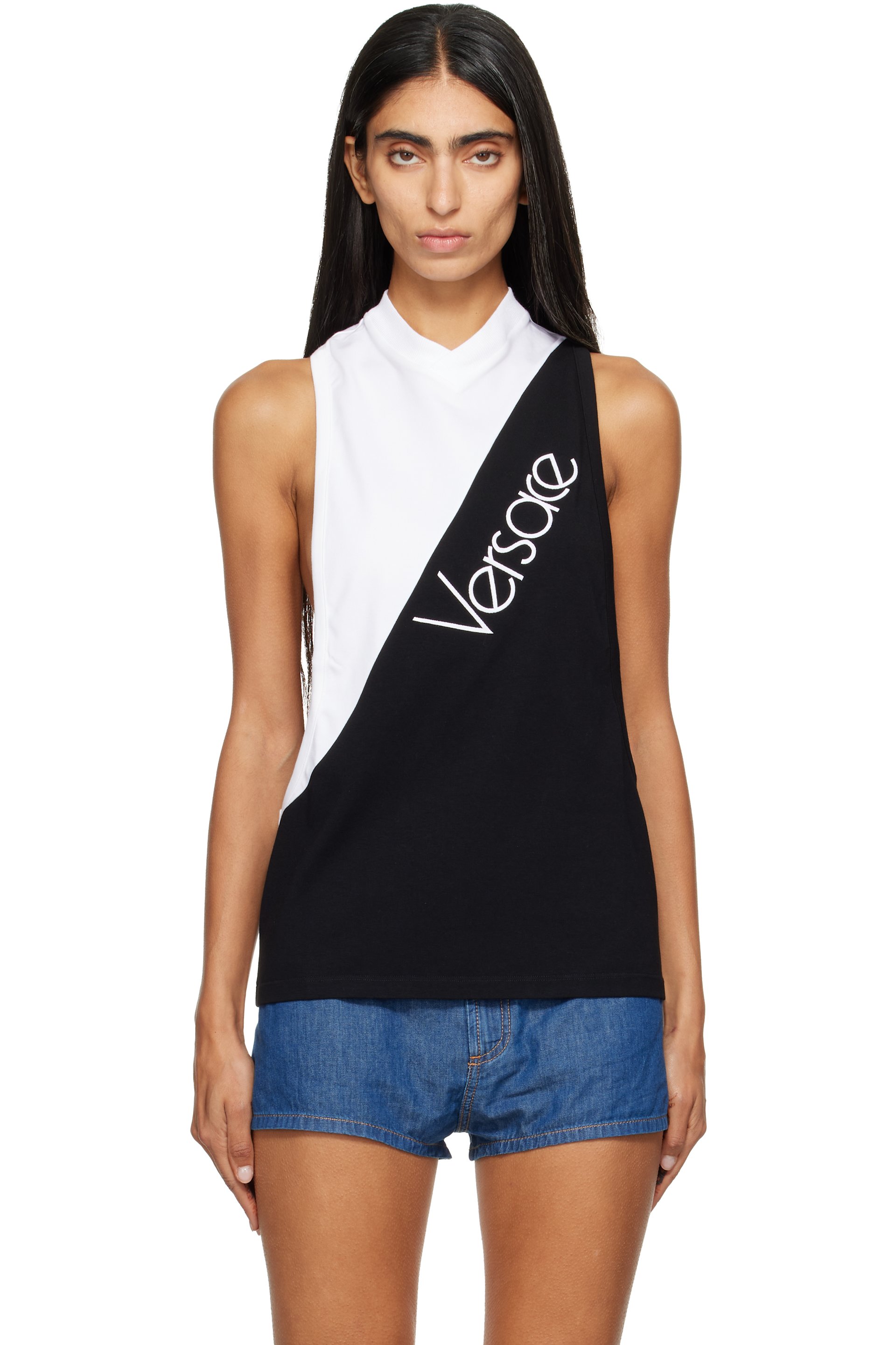 Versace - Débardeur blanc et noir en jersey de coton à logo brodé