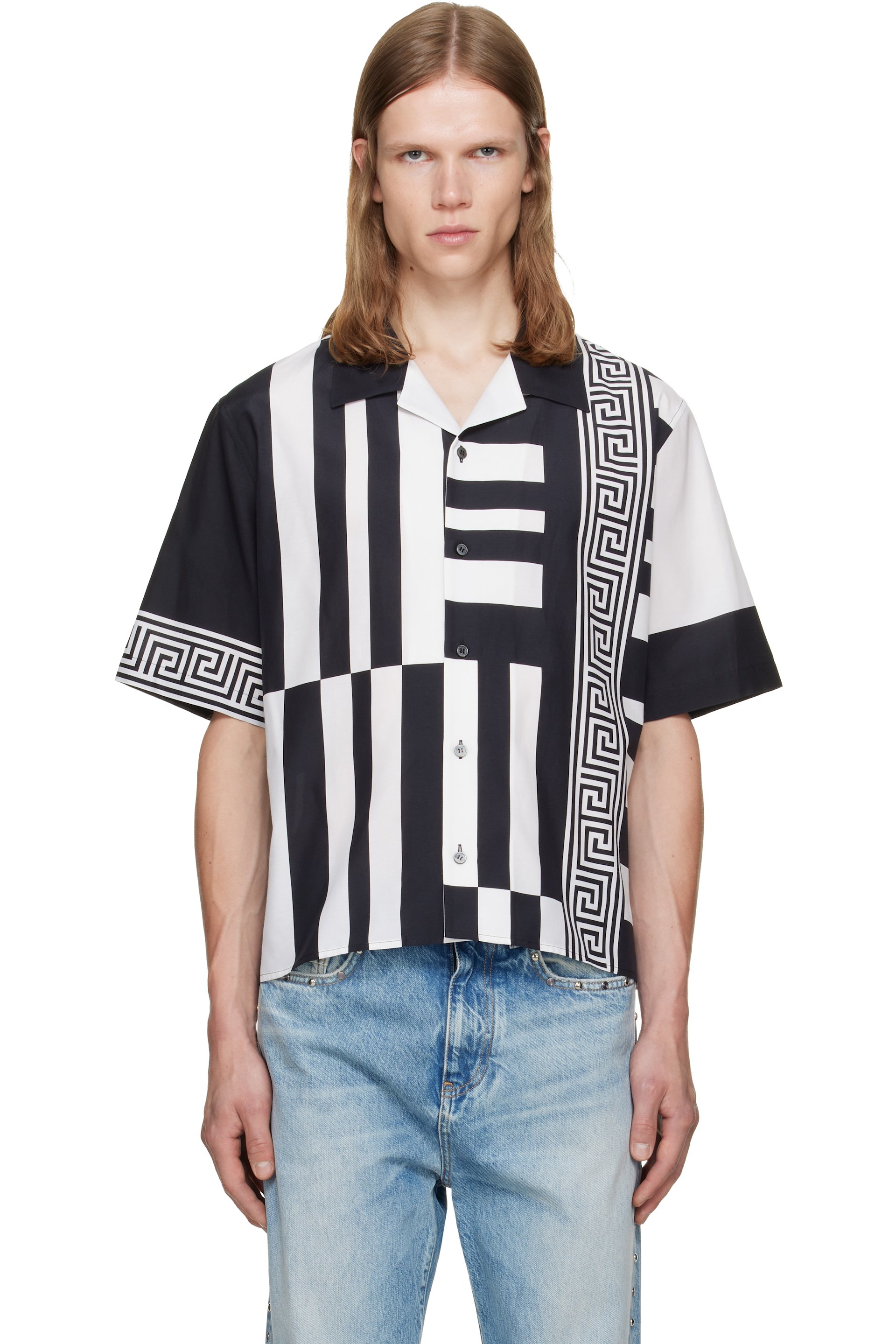 Versace - 黑色 & 白色 Printed Cotton Silk 衬衫