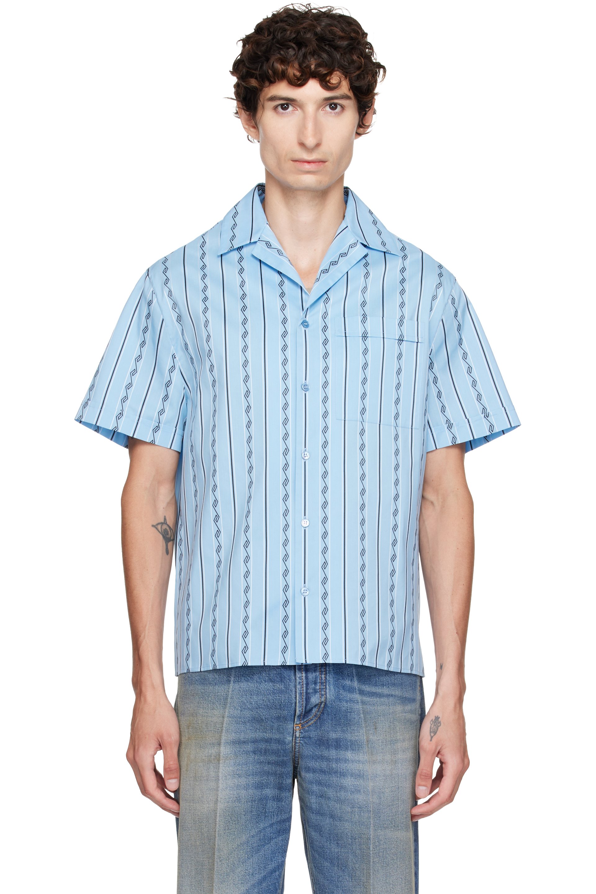 Versace - Blue Jacquard Cotton-Silk Regular Shirt
