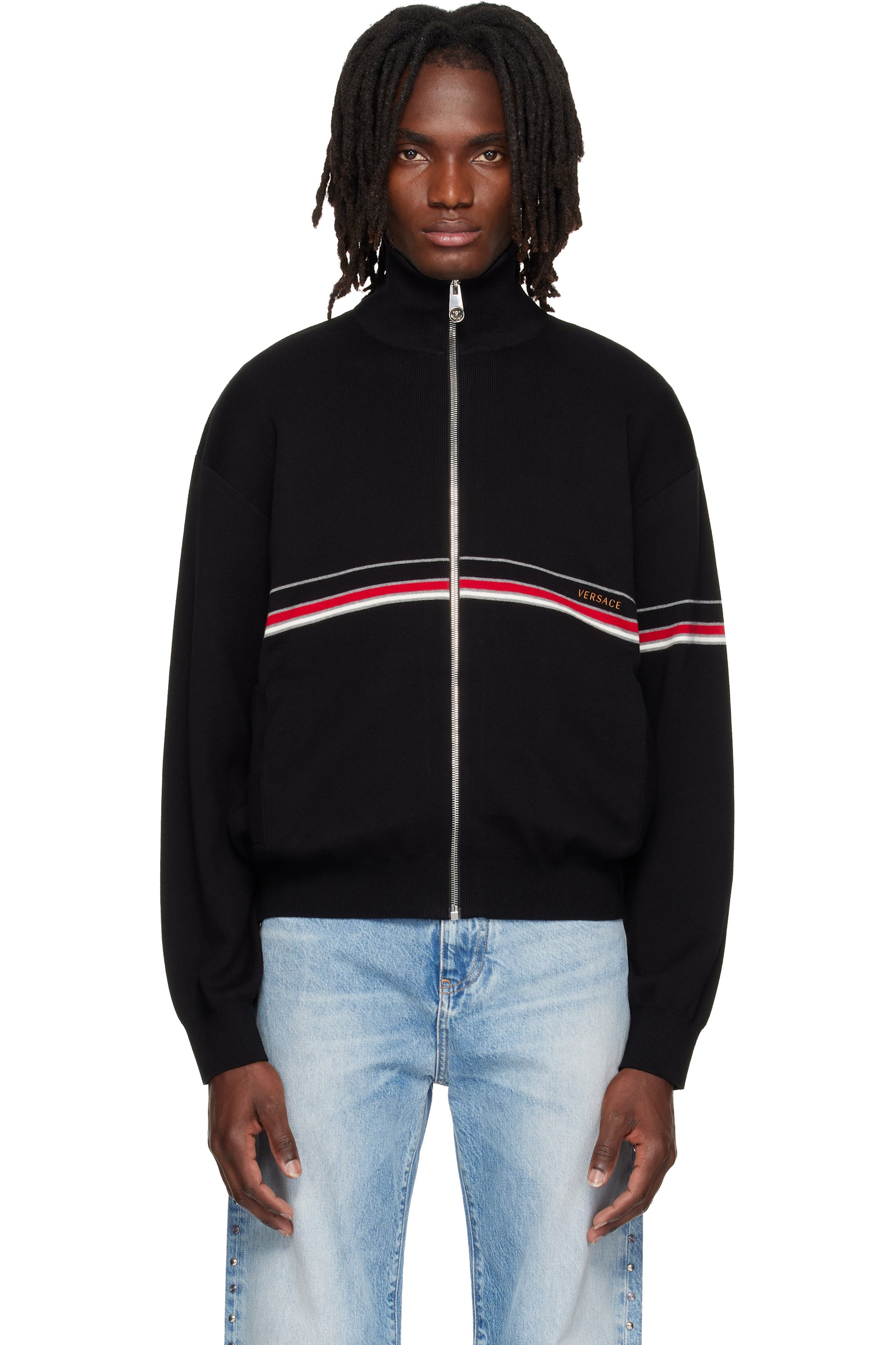 Versace - Black Embroidered-Logo Cotton Knit Zip Cardigan