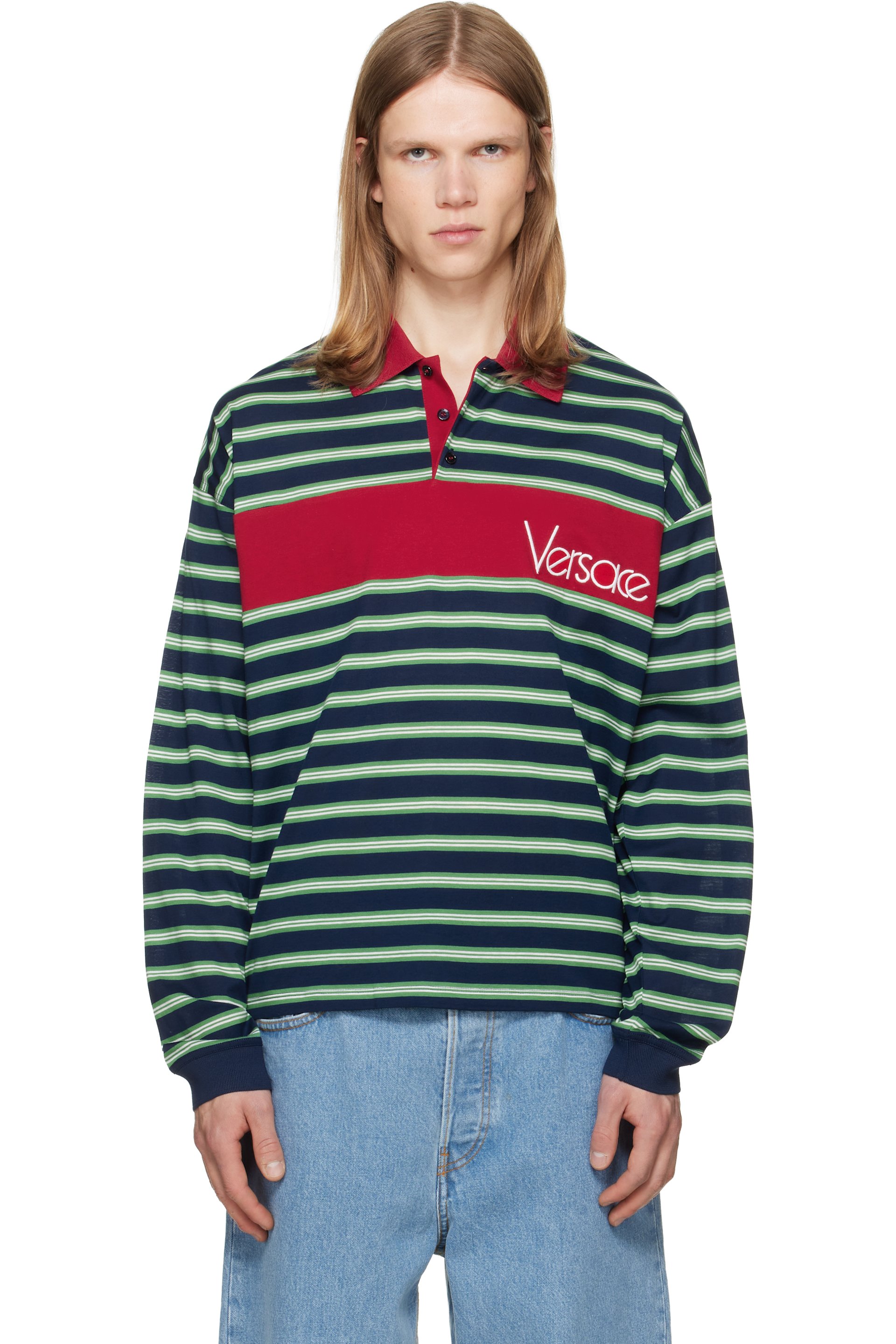 Versace - Blue & Green Embroidered-Logo Striped-Intarsia Cotton Polo