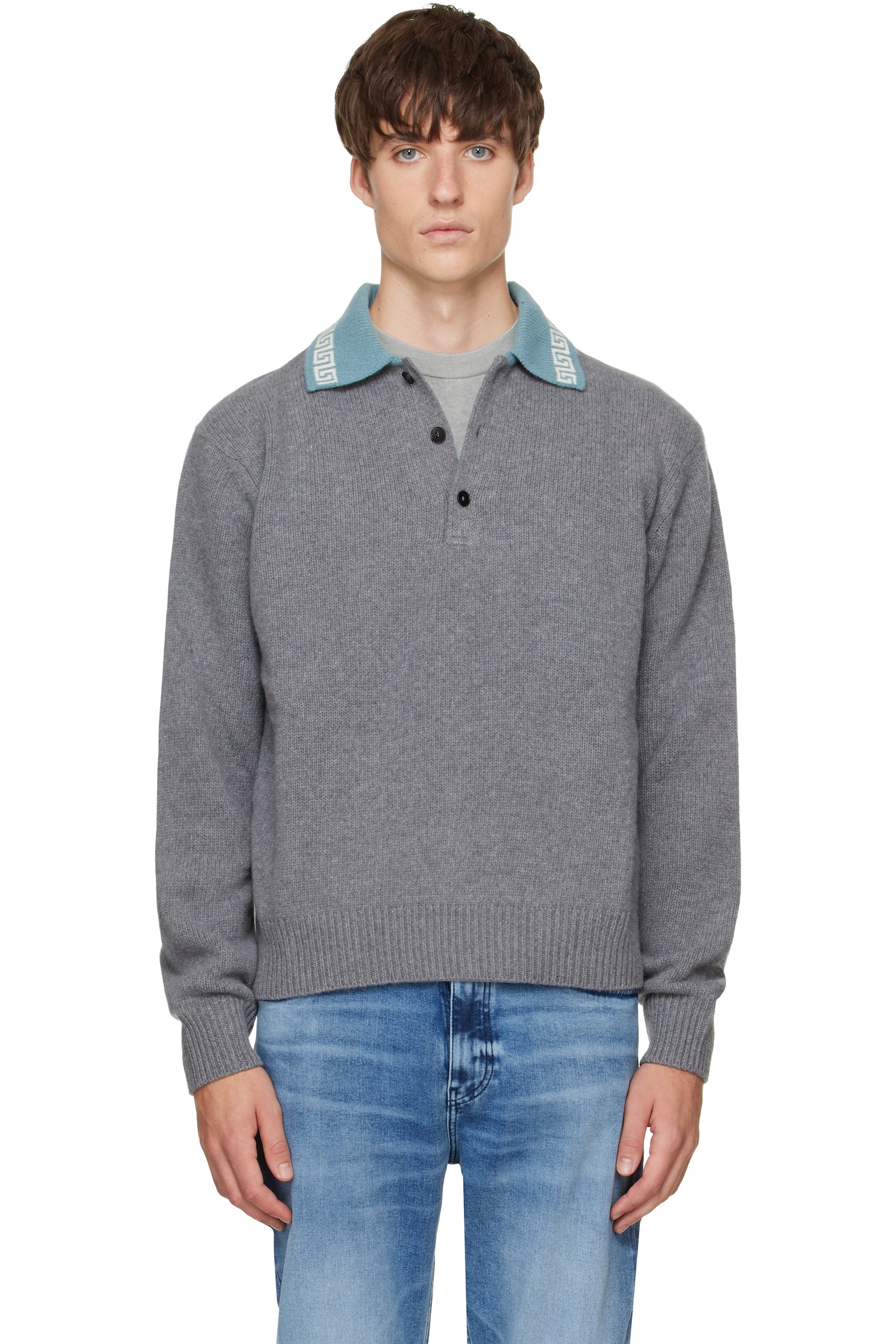 Versace - Polo gris en tricot de laine et cachemire