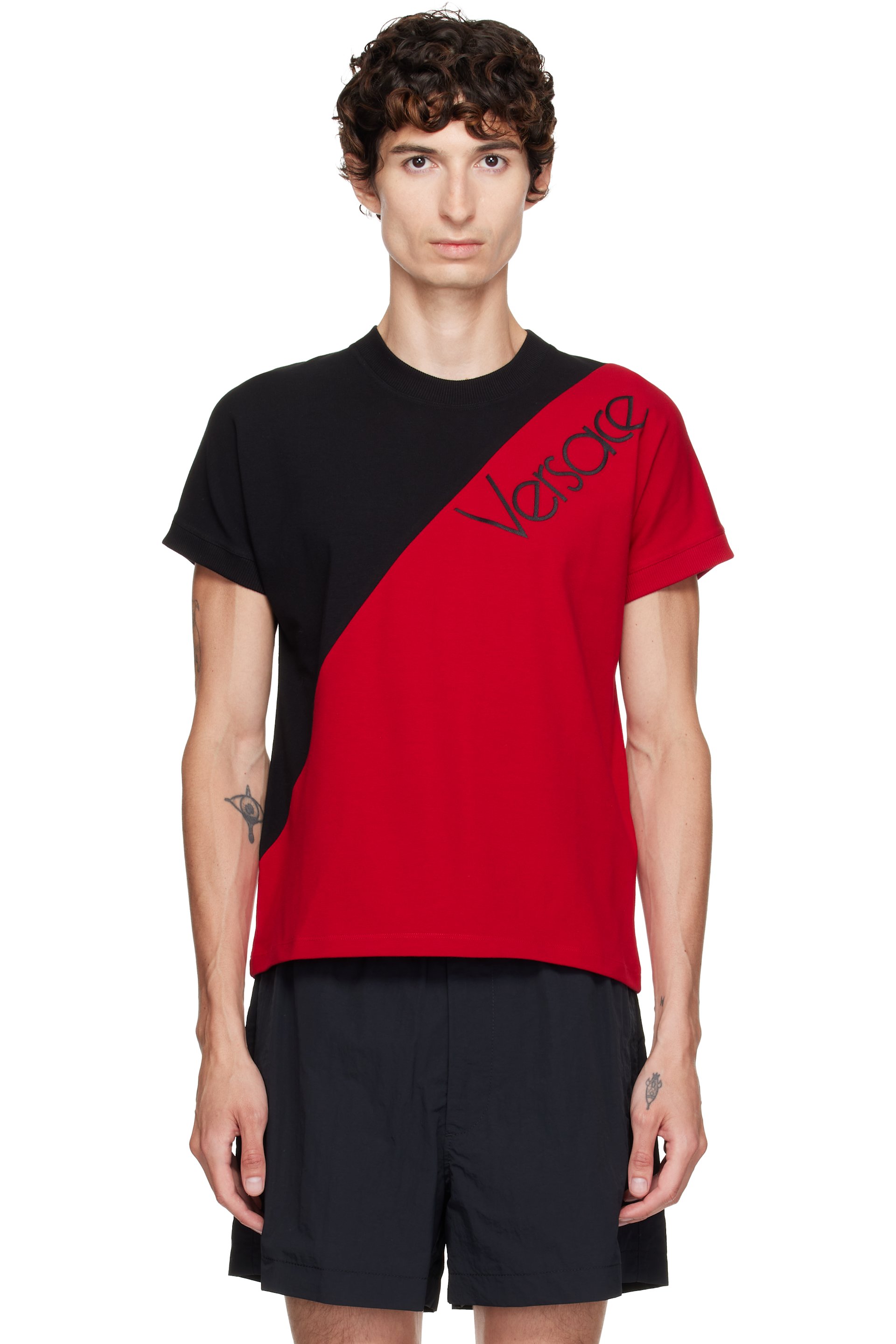 Versace - Black & Red Embroidered-Logo Slim T-shirt