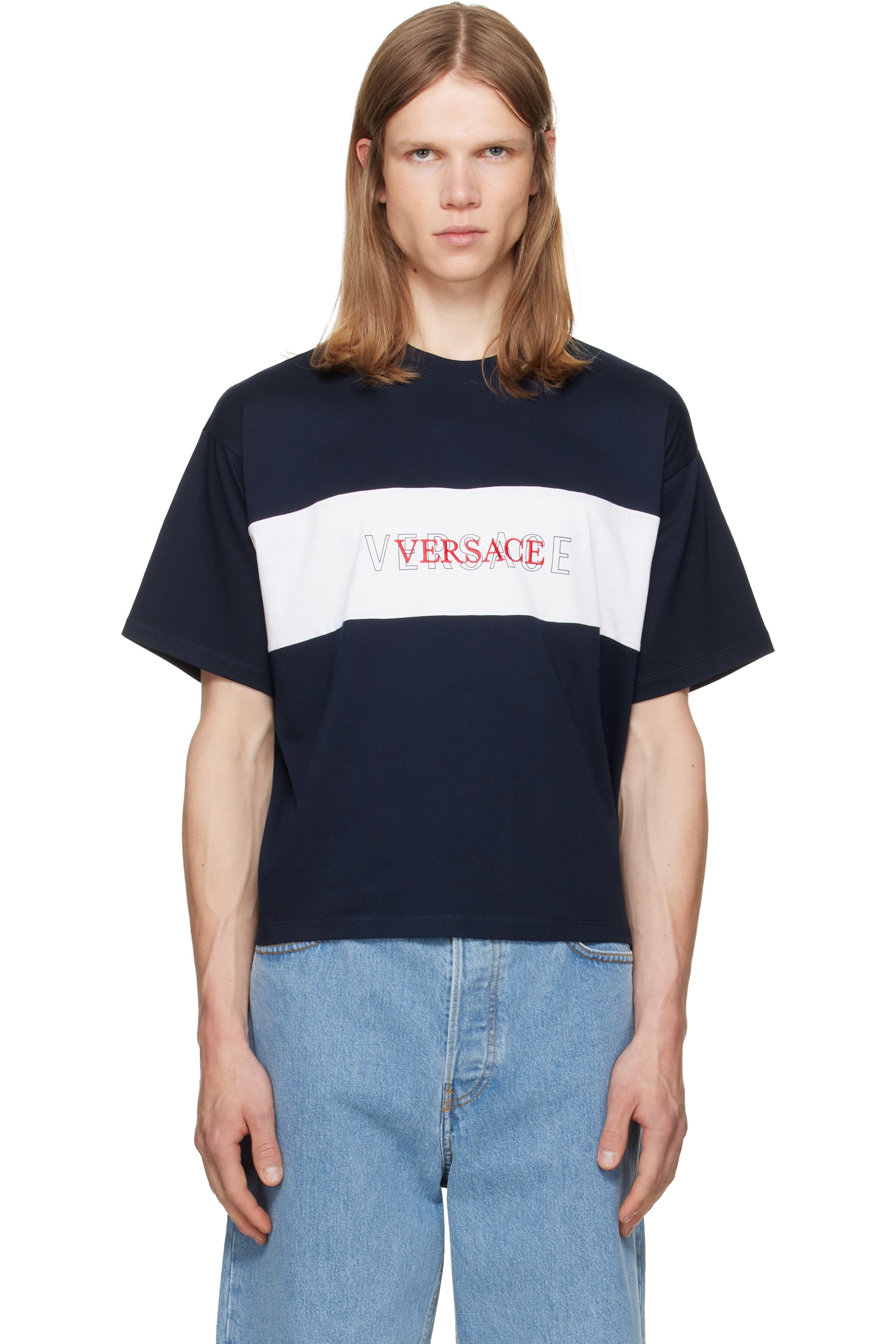 Versace - Navy Intarsia Cotton-Jersey Regular T-shirt