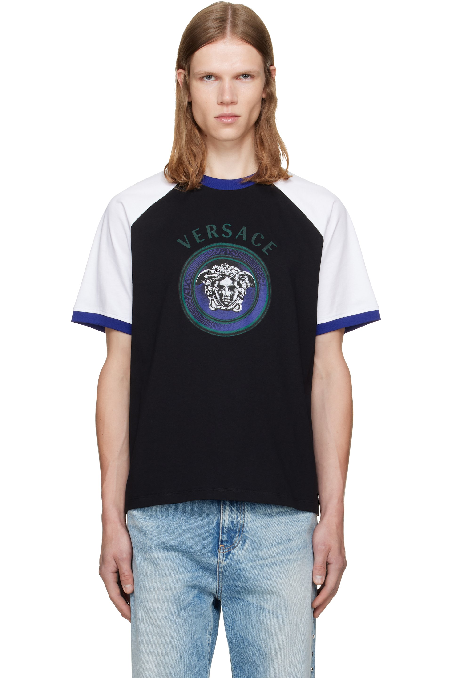 Versace - 黑色 & 白色 Printed Cotton Jersey Regular T 恤