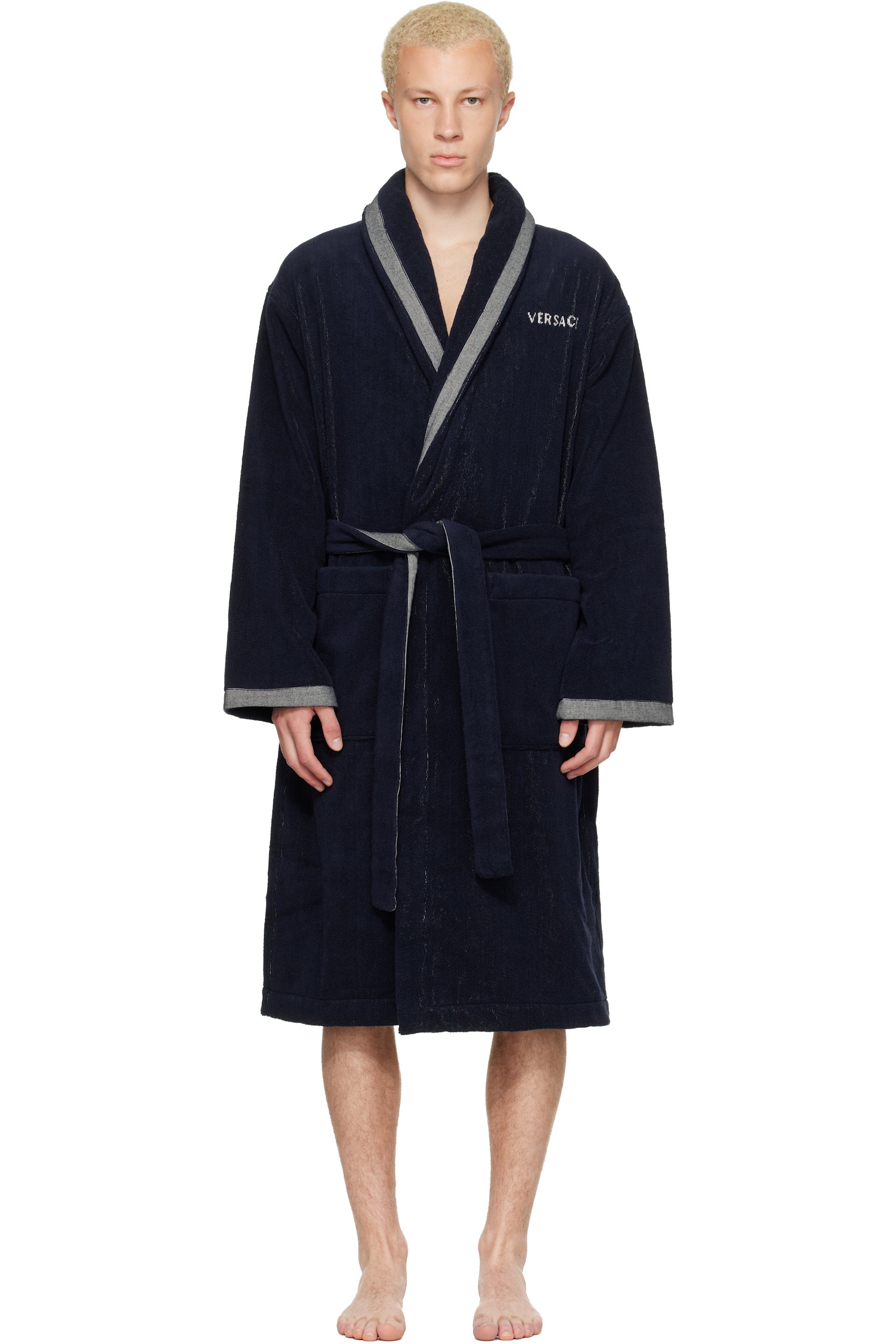 Versace - Navy Cotton-Terry Jacquard Bathrobe