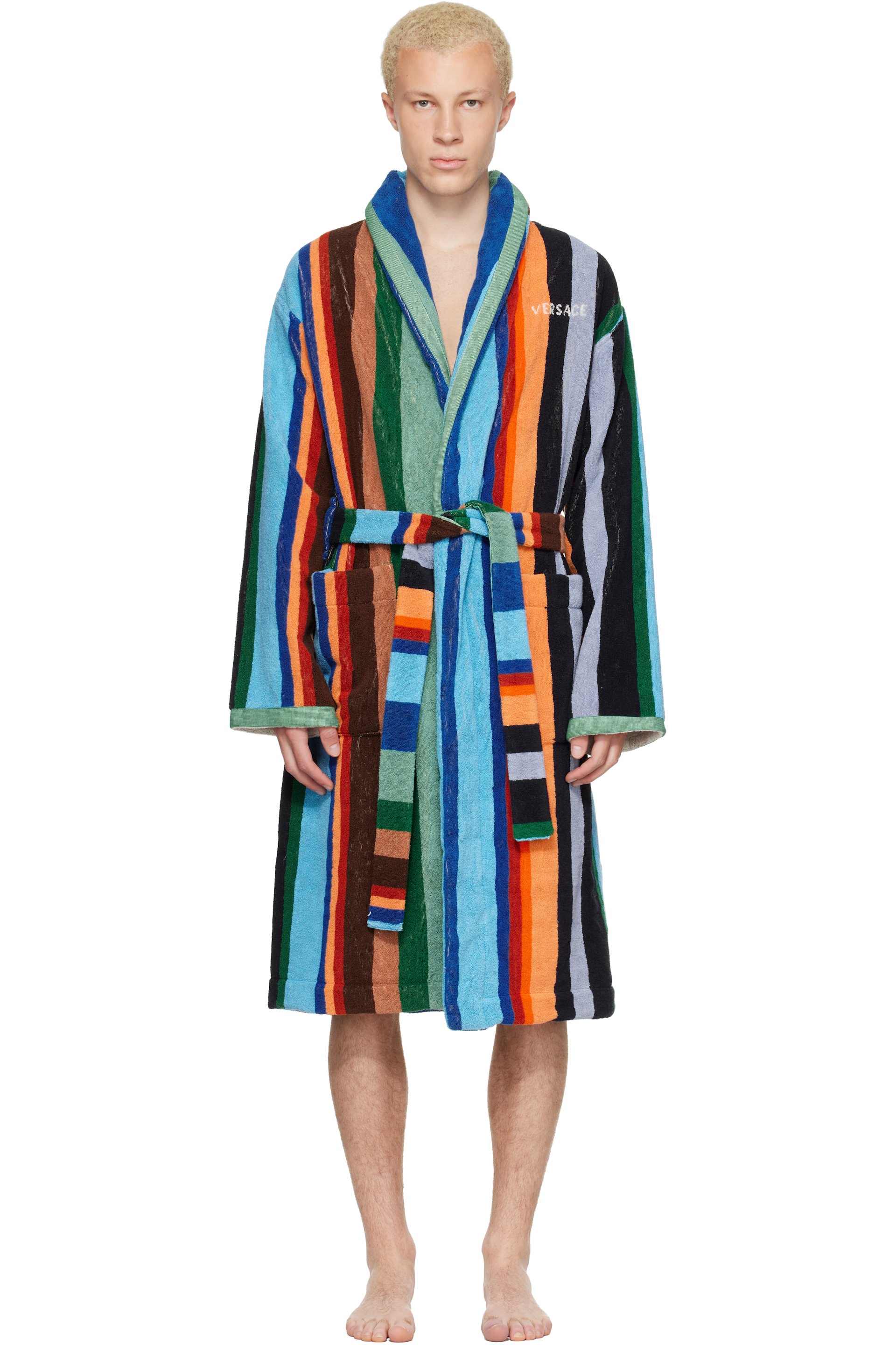 Versace - Multicolor Striped Cotton-Terry Jacquard Bathrobe