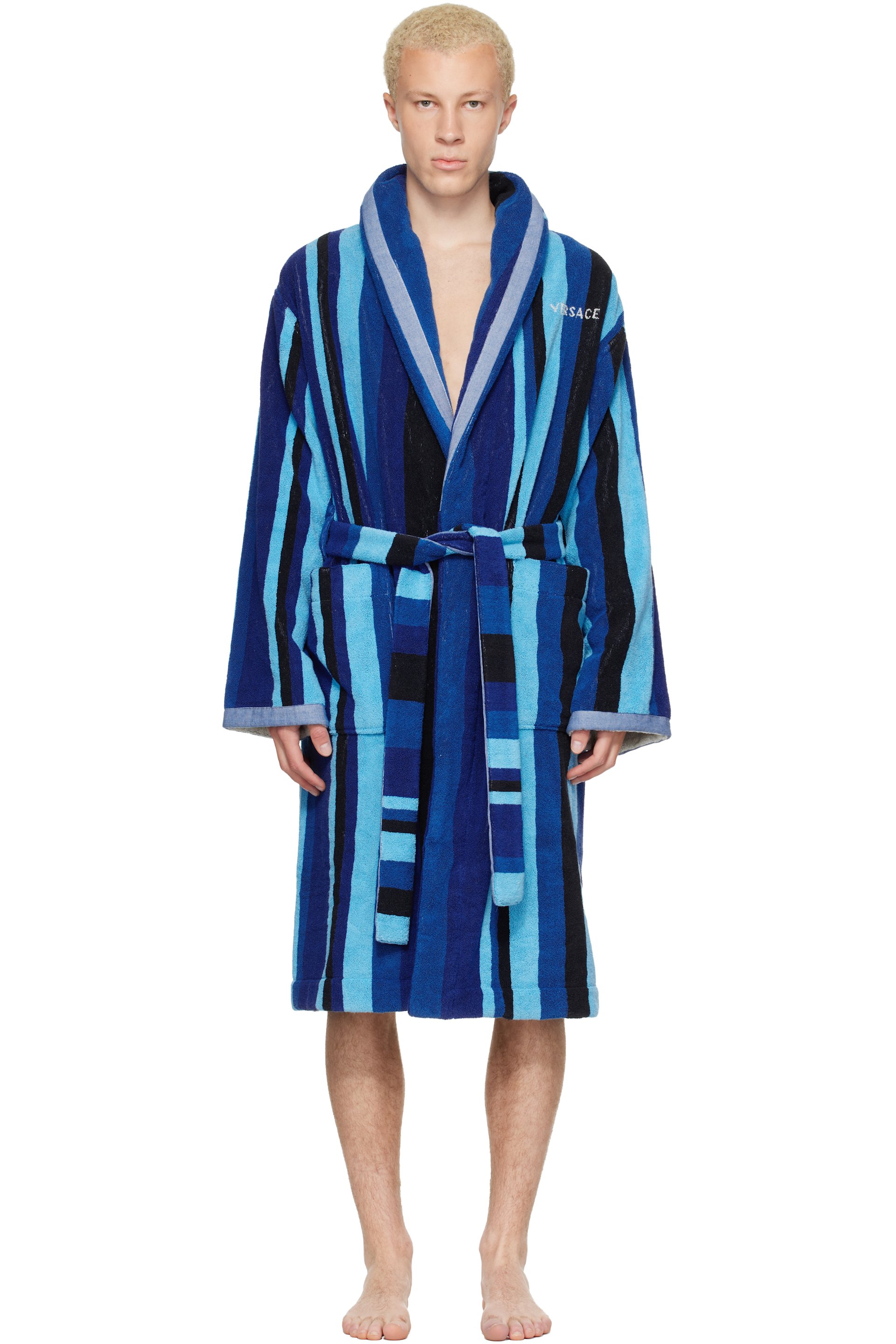Versace - Blue Striped Cotton-Terry Jacquard Bathrobe