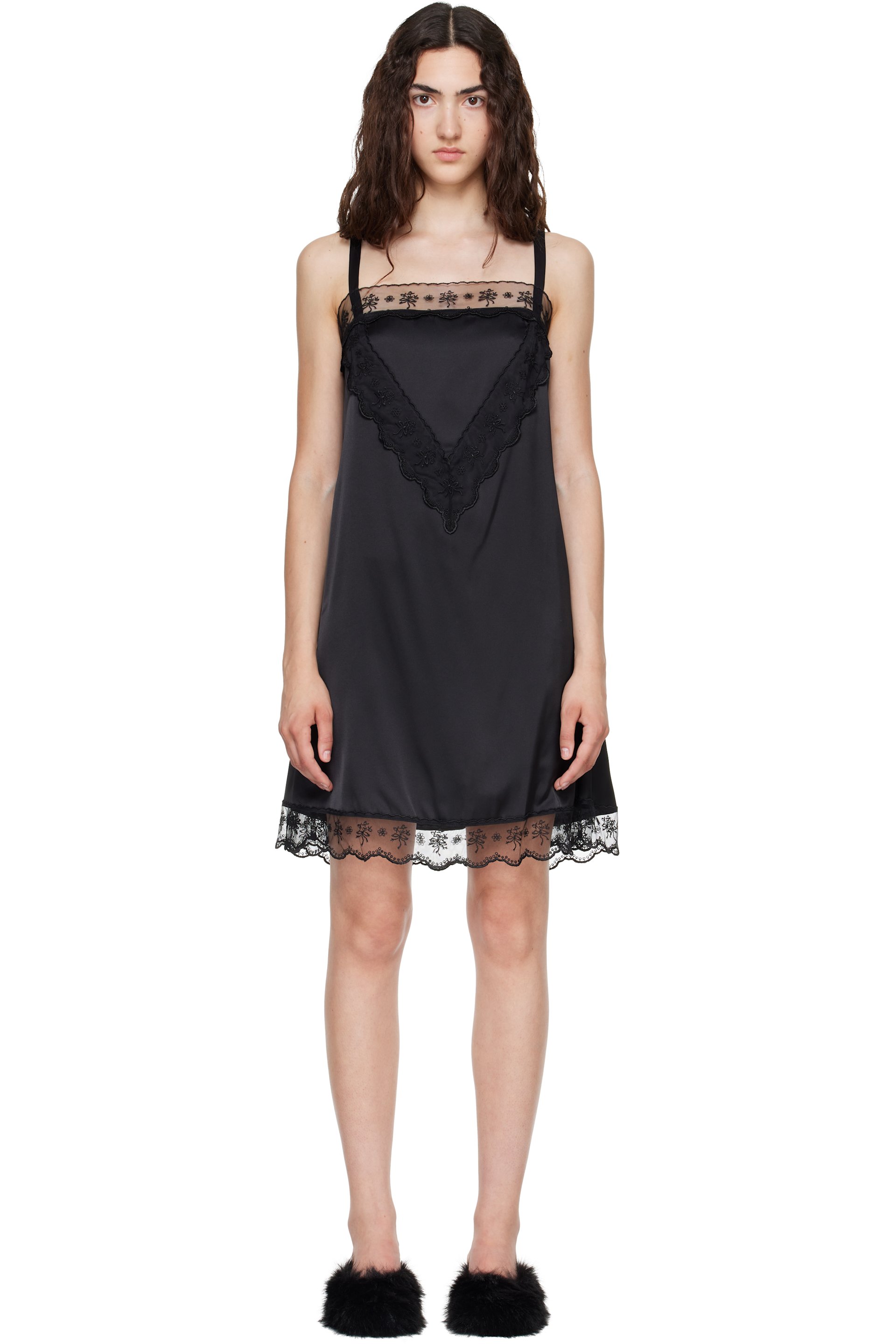 Simone Rocha - ブラック Square Neck Lace Trim ミニワンピース